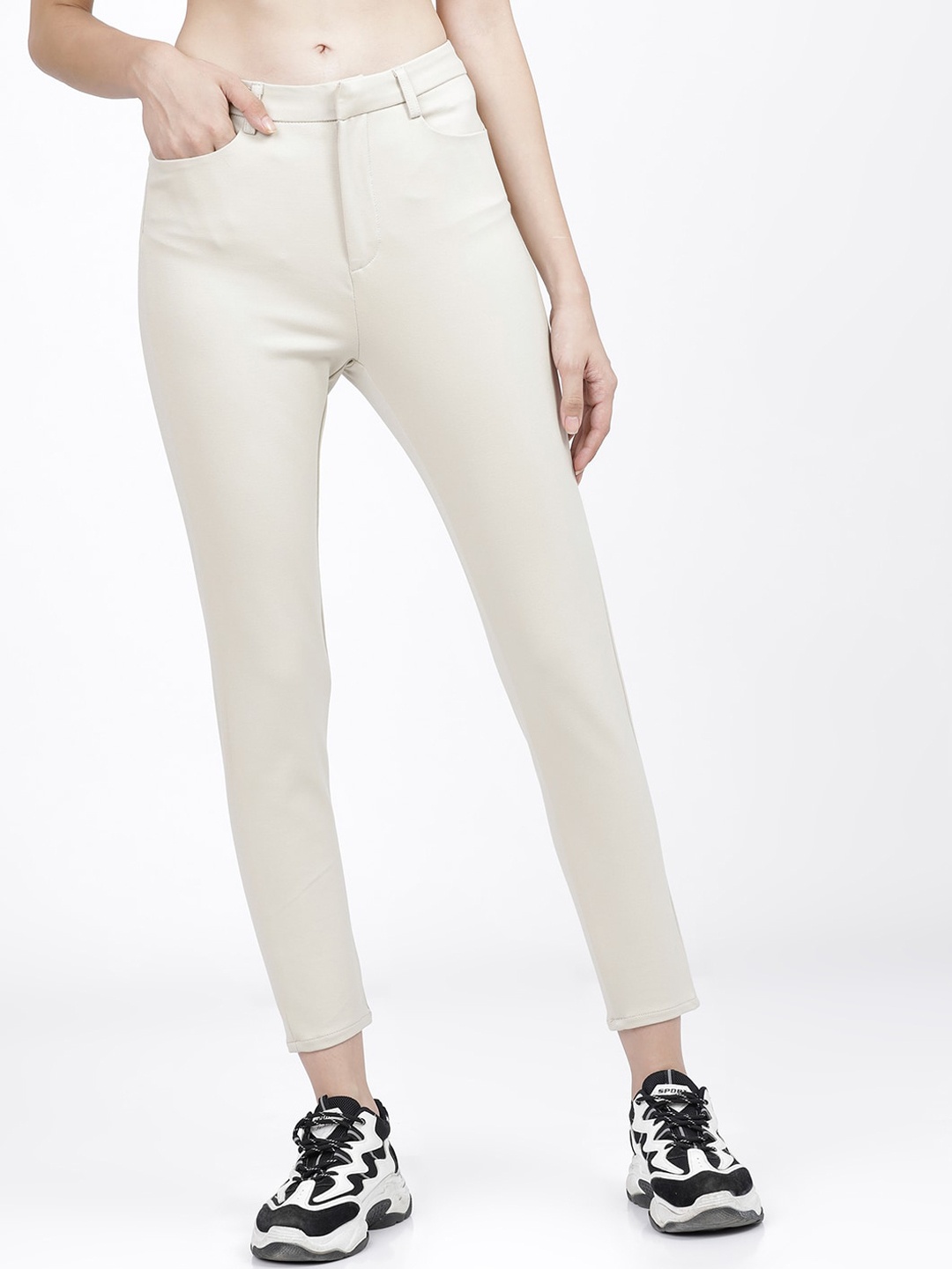 Tokyo Talkies Women Off White Slim Fit Regular Trousers
