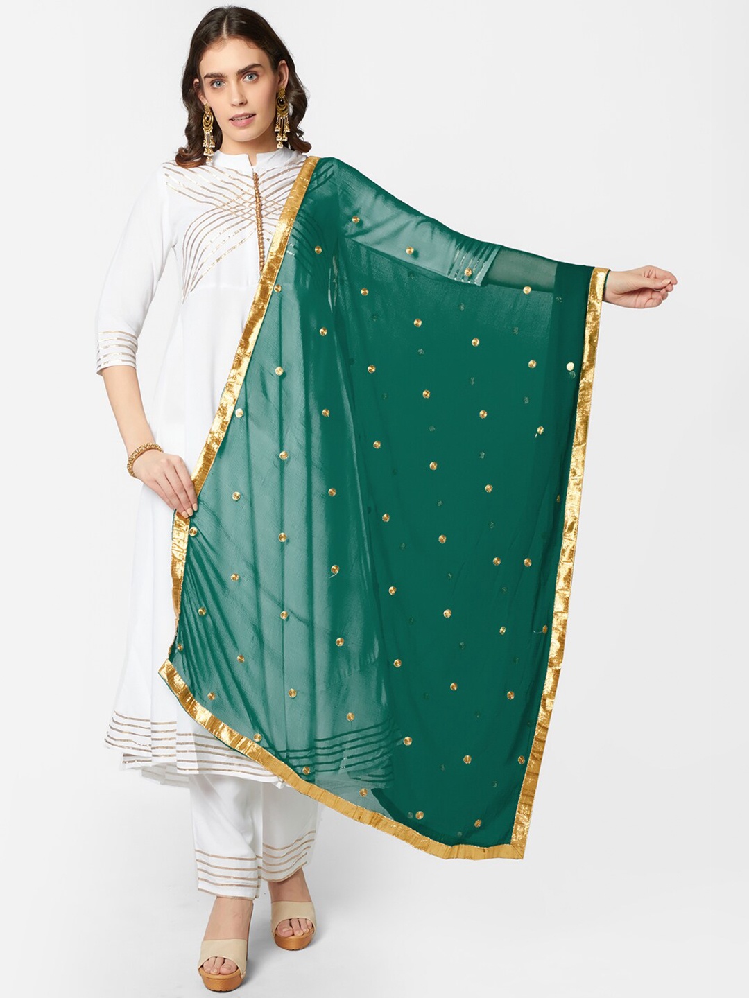 Dupatta Bazaar Green & Gold-Toned Embroidered Dupatta with Thread Work