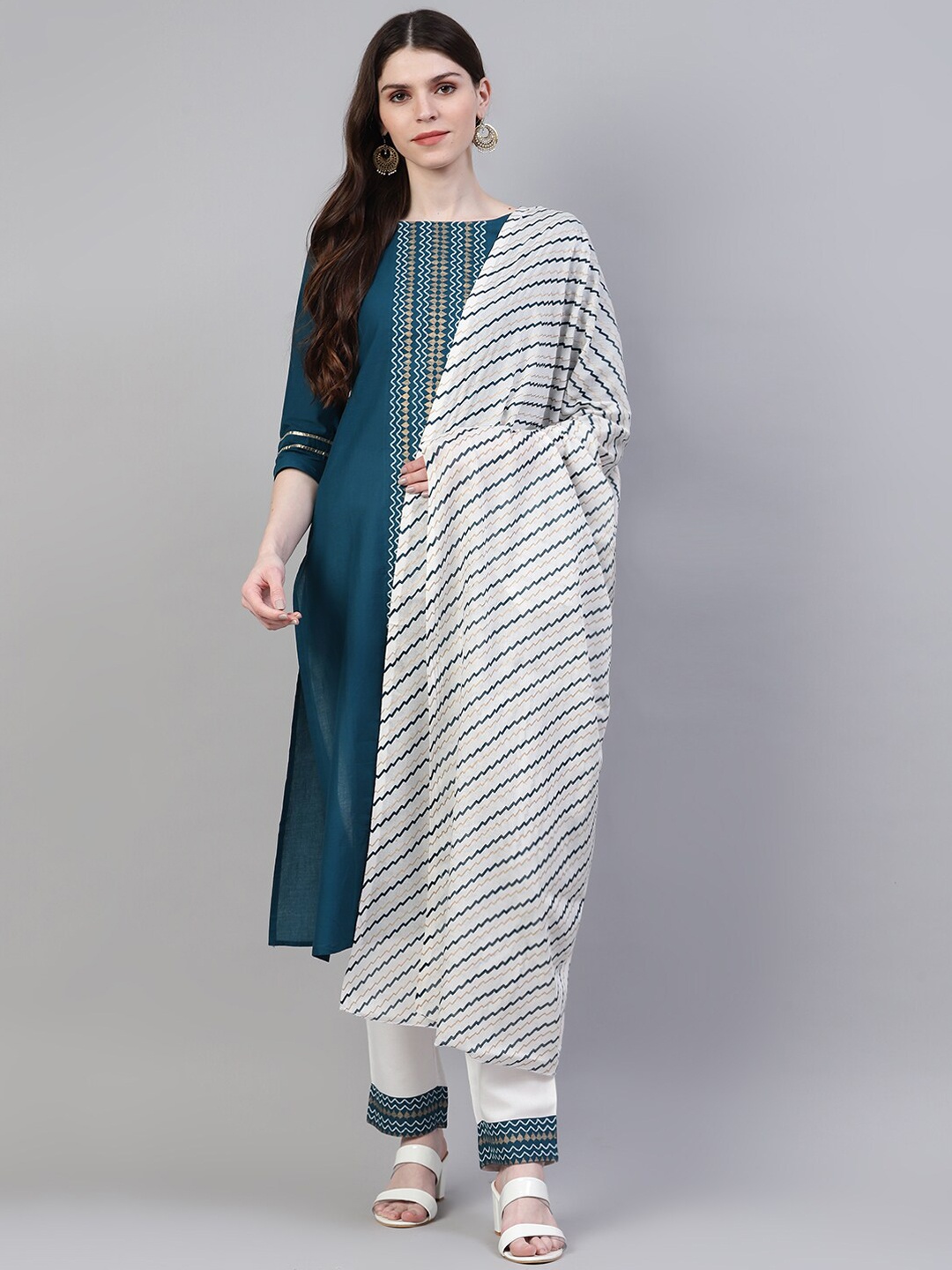 

Stylum Women Blue Printed Layered Pure Cotton Kurta with Trousers & With Dupatta