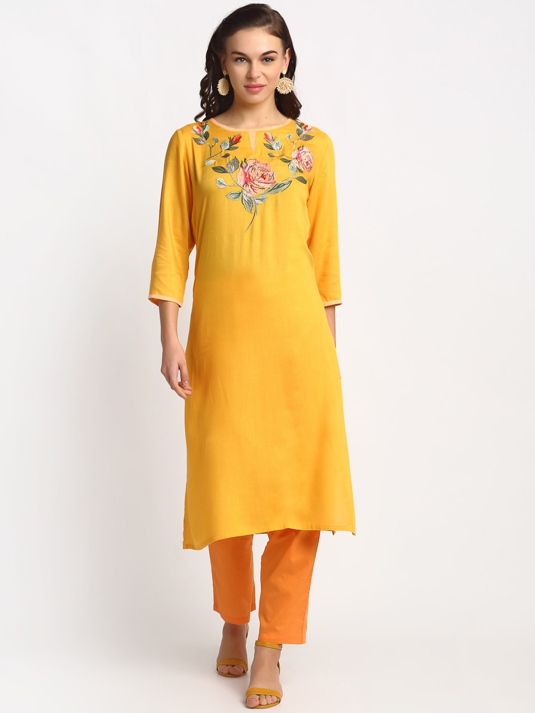

REME Women Orange Floral Embroidered Thread Work Kurta with Trousers