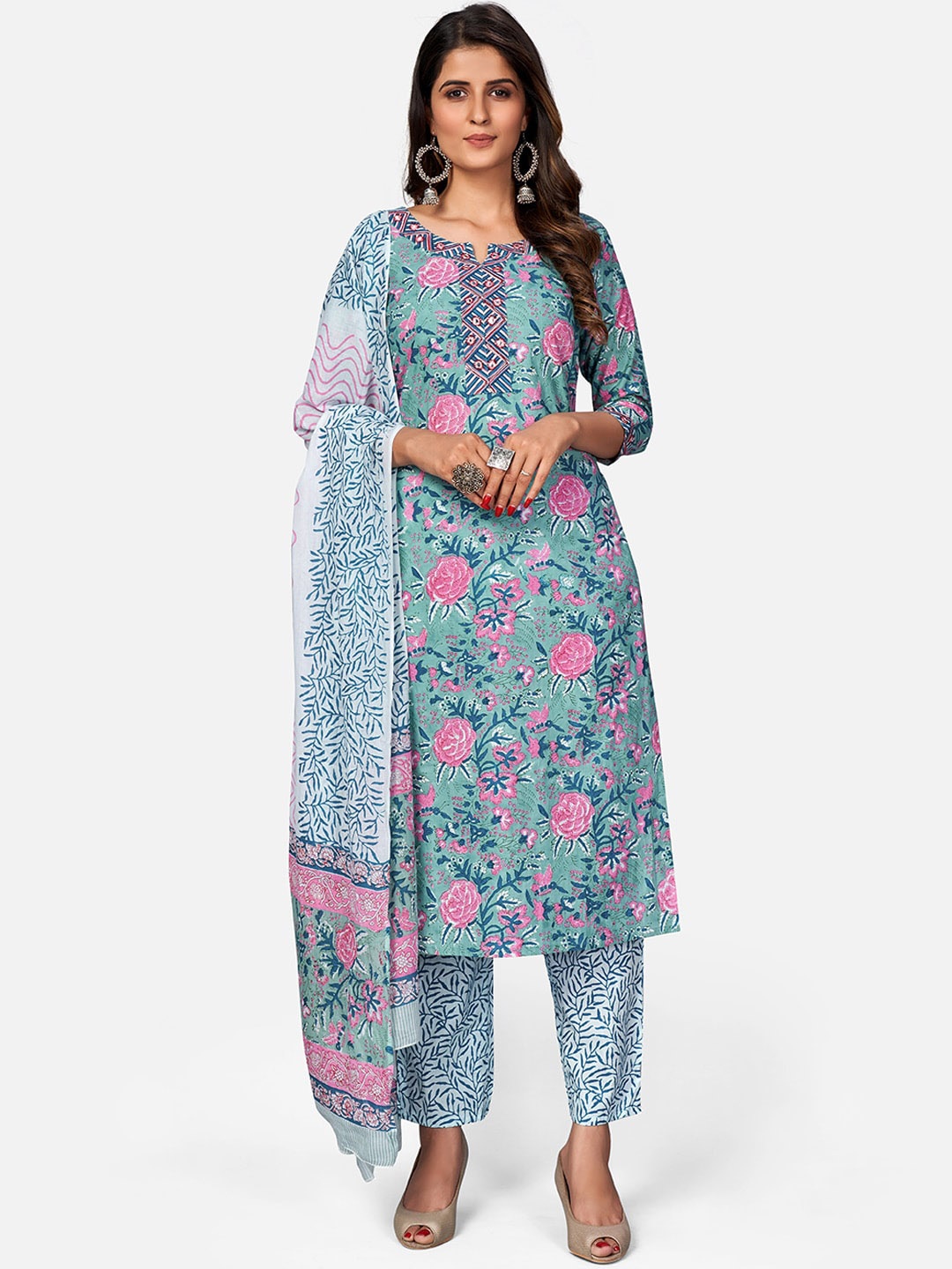 

Vbuyz Women Blue Ethnic Motifs Printed Kurta with Trousers & With Dupatta