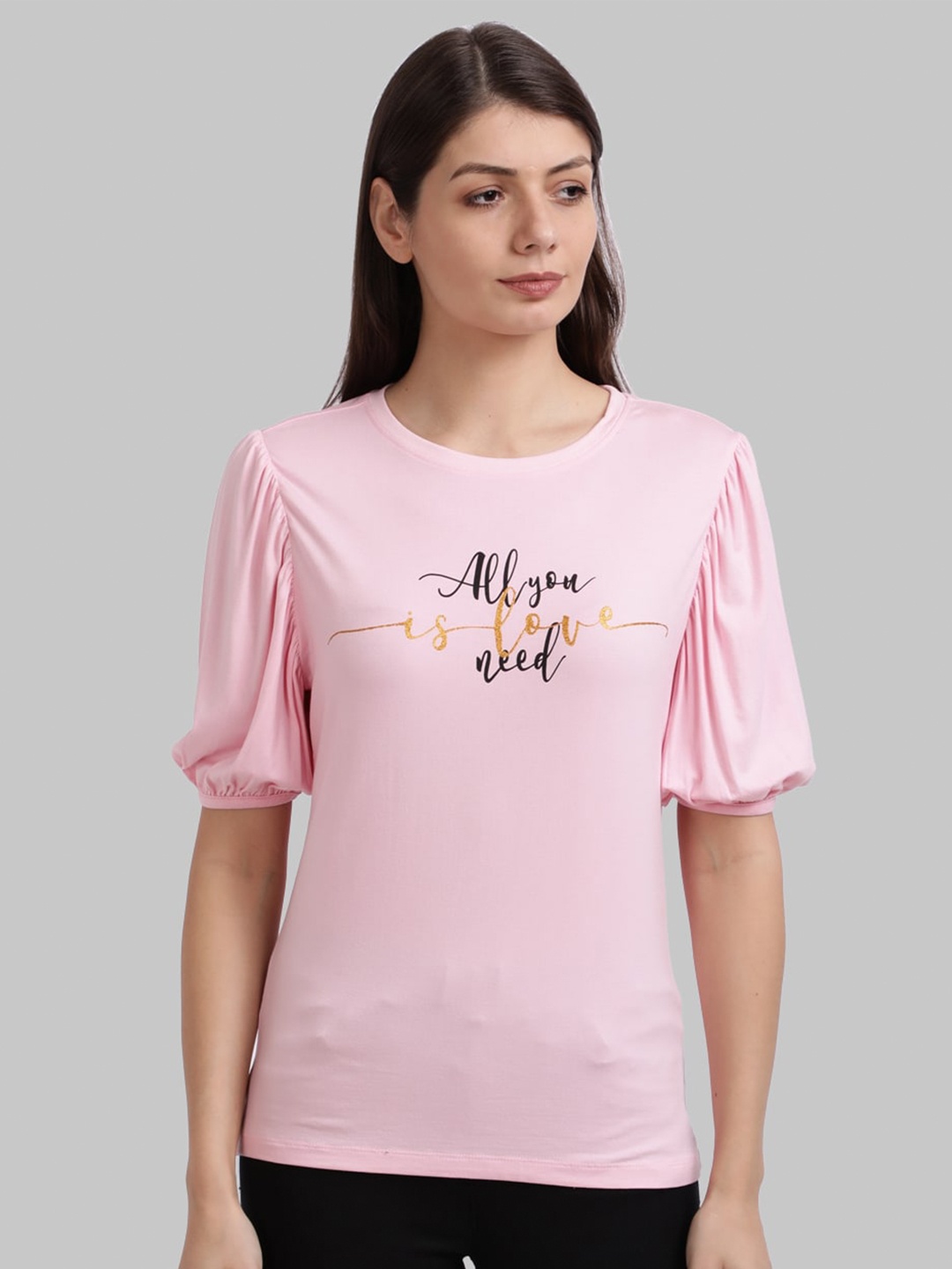 

Parx Women Pink Typography Printed Puff Sleeves T-shirt