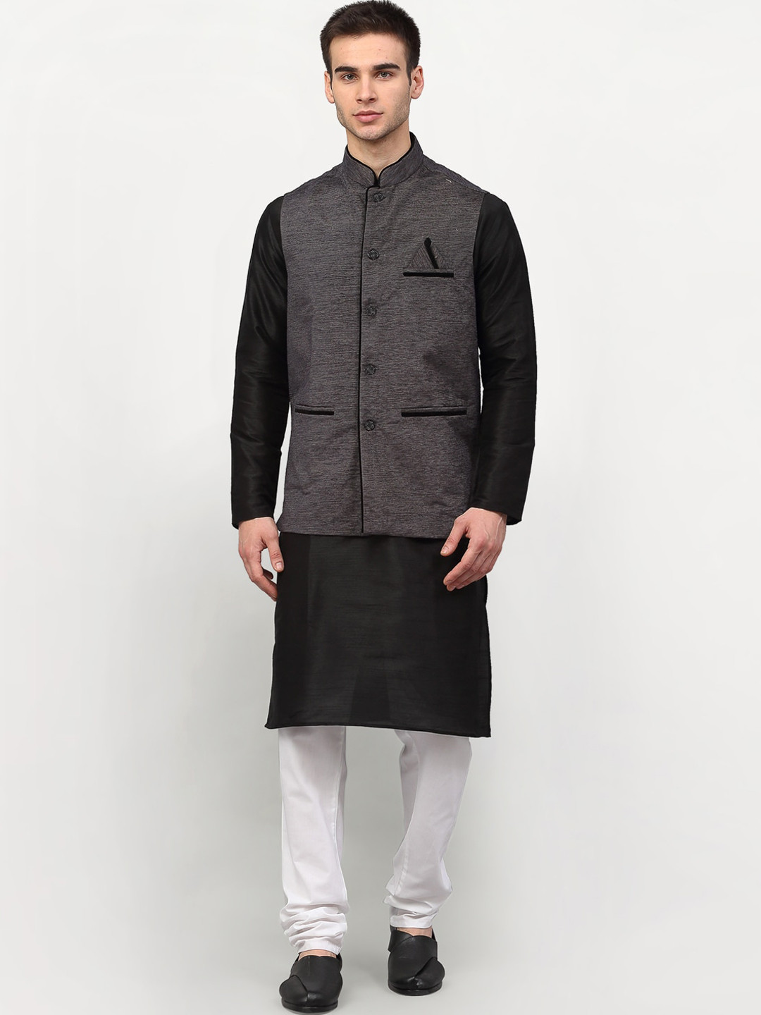 

Jompers Men Black Layered Dupion Silk Kurta with Churidar & Nehru Jacket