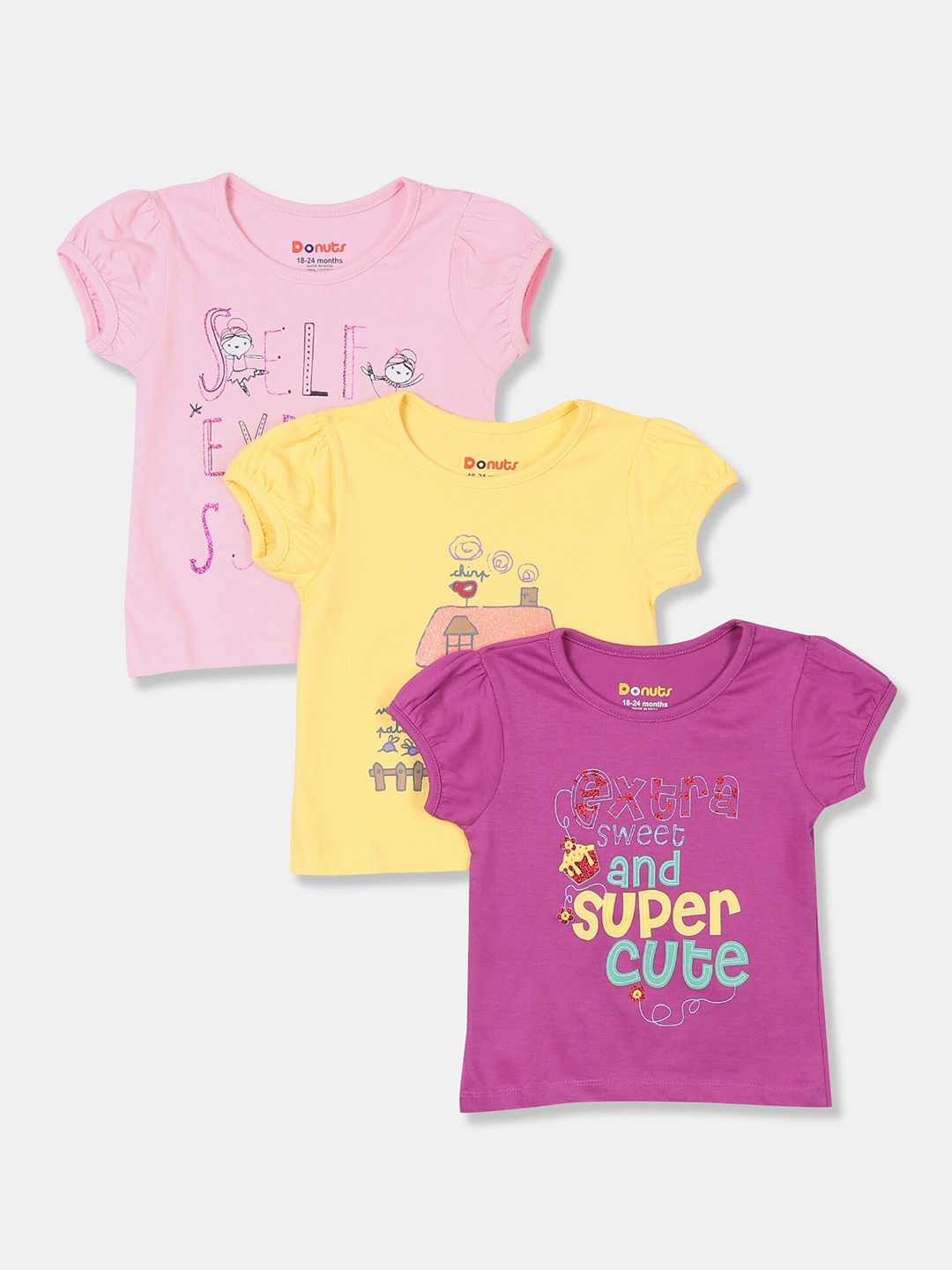 

Donuts Girls Pack Of 3 Assorted Typography 3 Printed T-shirt