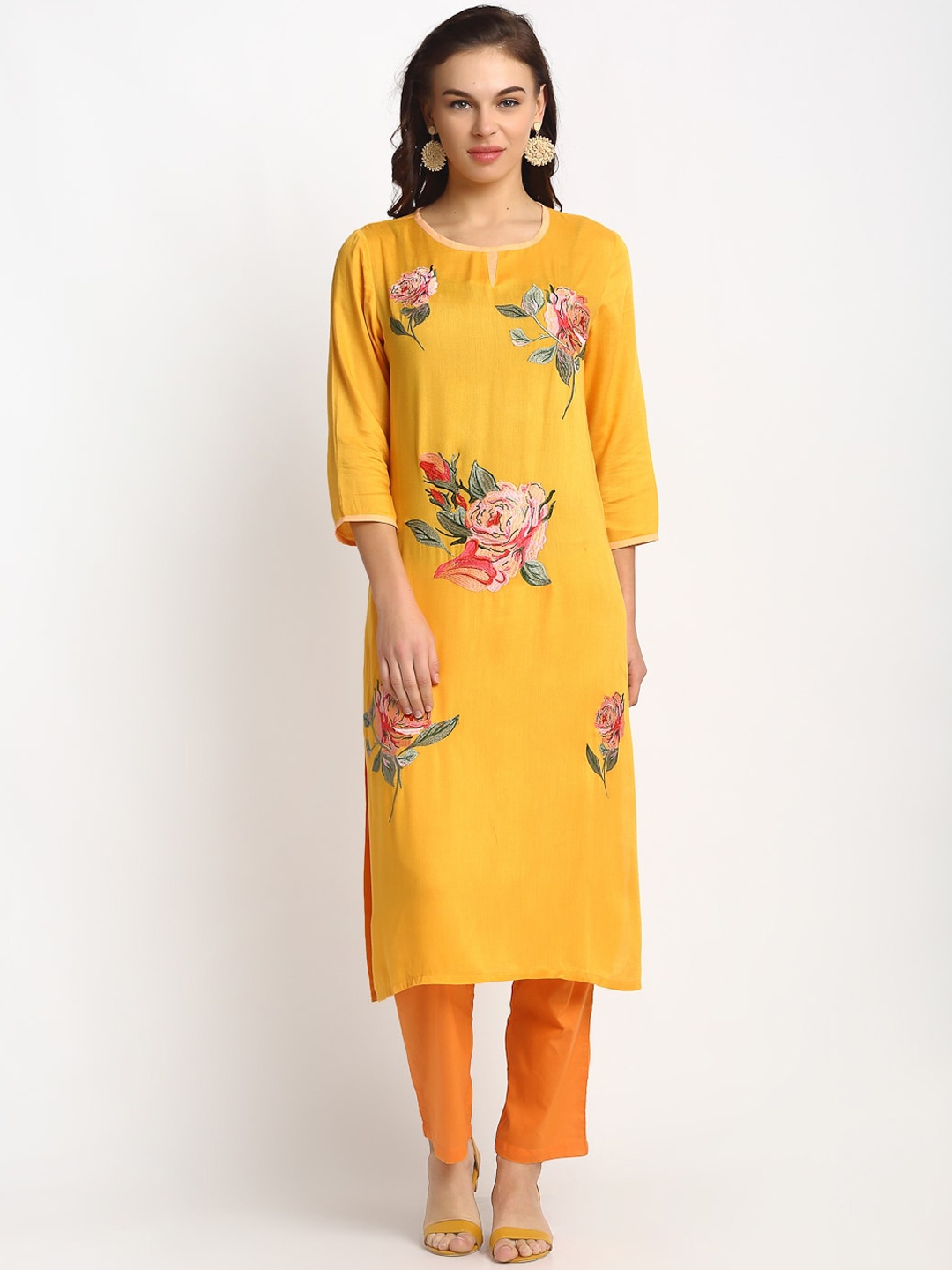 

REME Women Mustard Yellow Floral Printed Kurta with Trousers