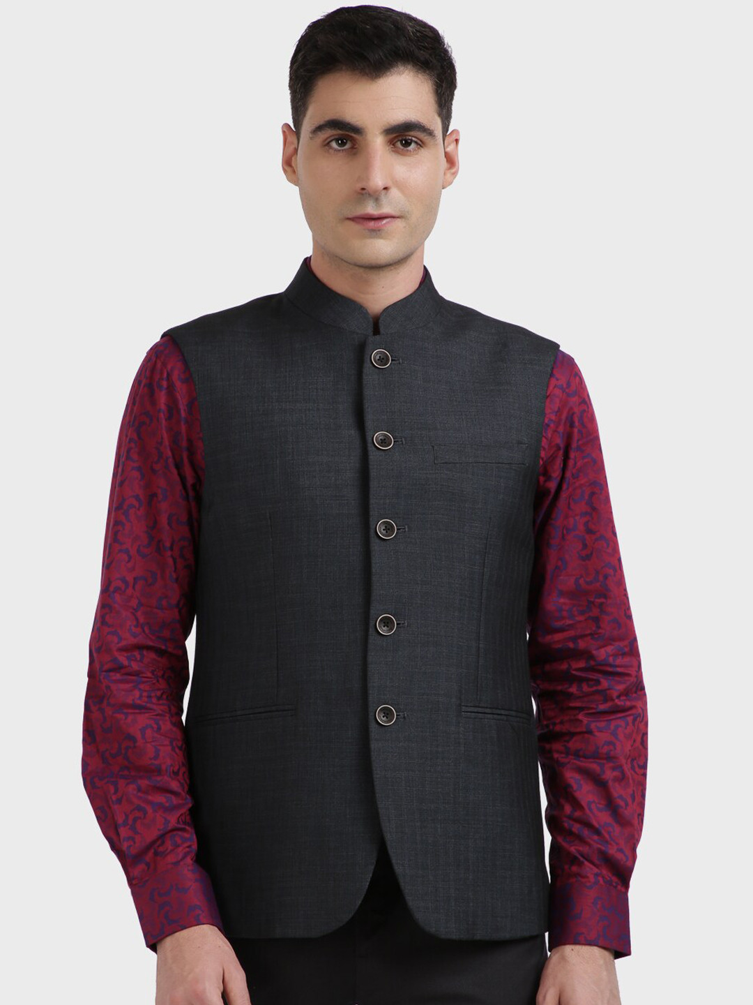 

ColorPlus Men Grey Checked Woven Nehru Jacket