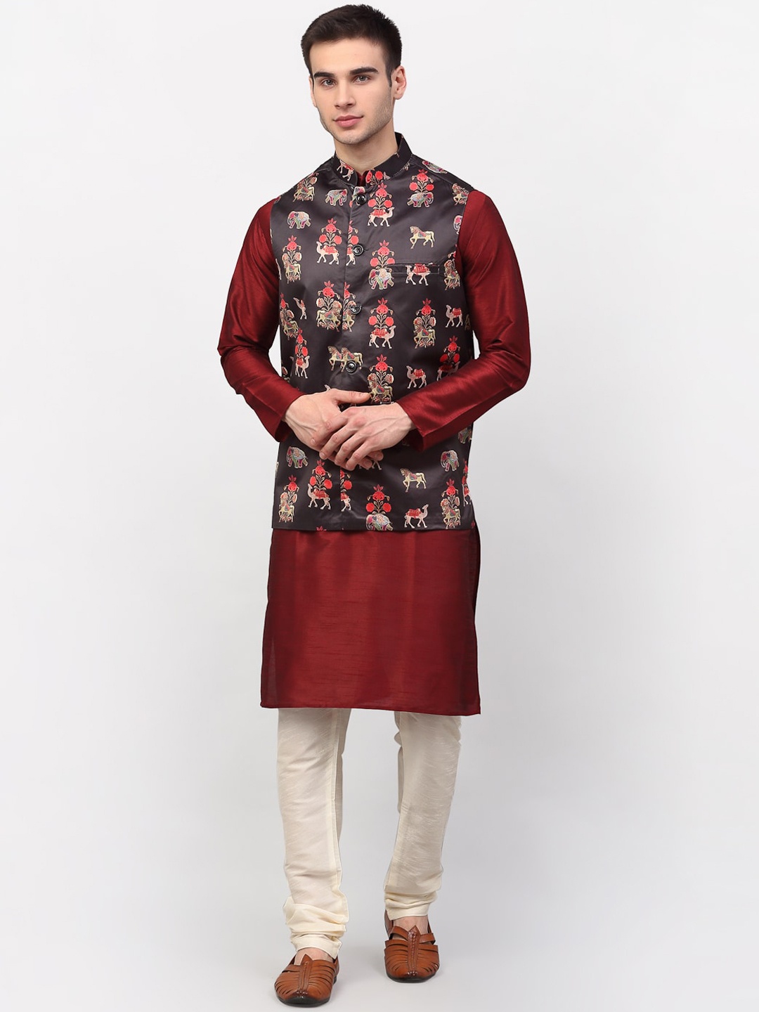 

Jompers Men Maroon Ethnic Motifs Dupion Silk Kurta with Churidar & Nehru Jacket