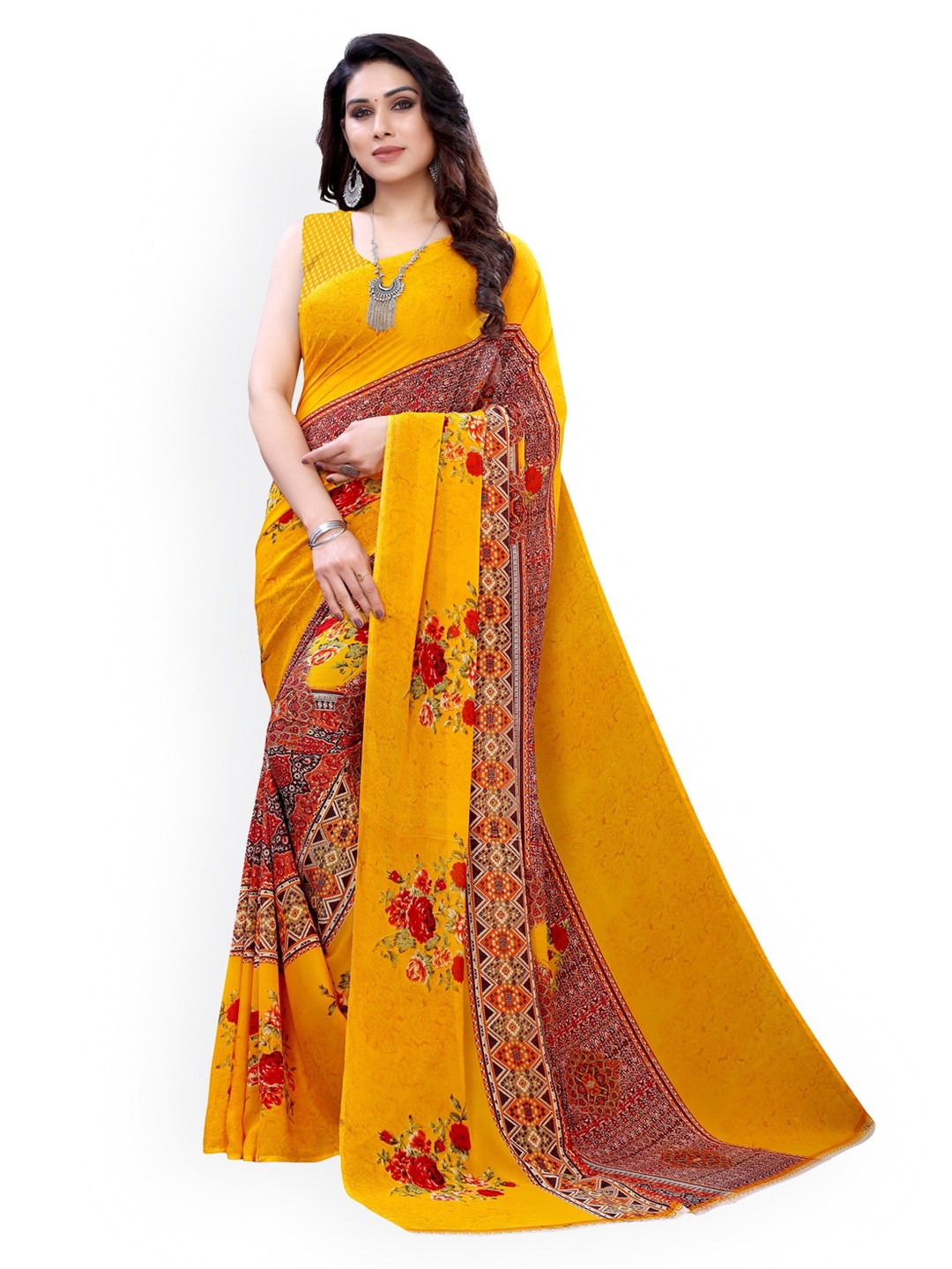 

KALINI Mustard Yellow Floral Pure Georgette Saree