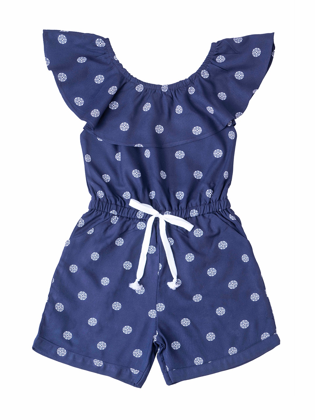 

Hunny Bunny Girls Navy Blue & White Off-Shoulder Polka Dot Printed Jumpsuit