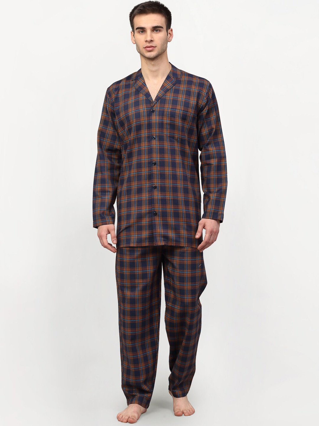

JAINISH Men Orange & Navy Blue Checked Cotton Night Suit