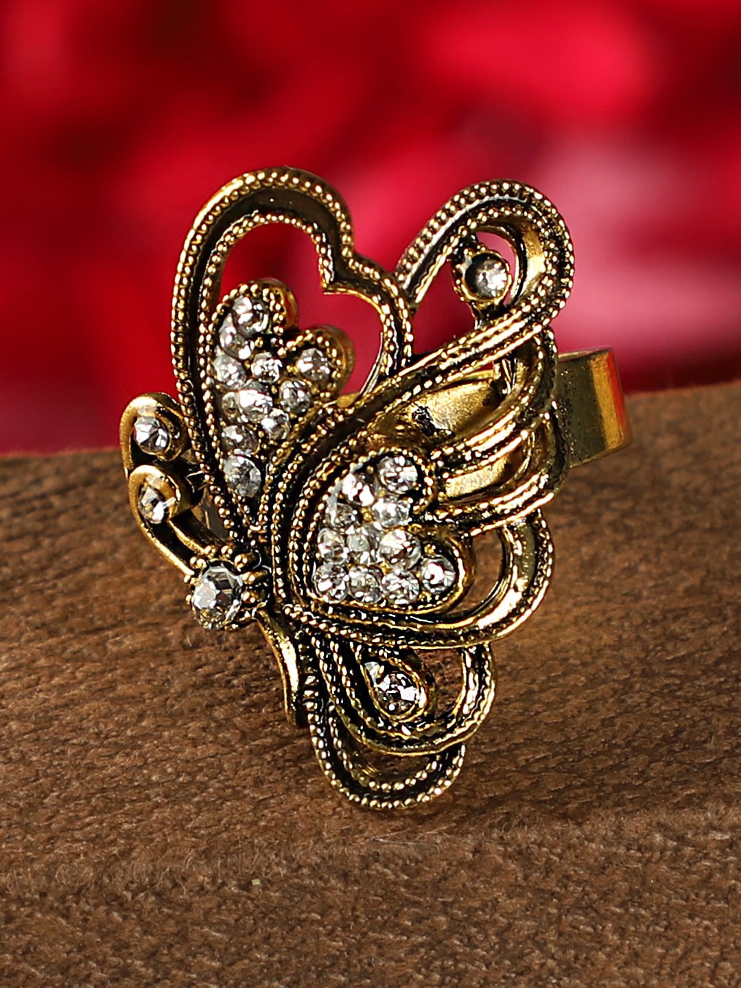 

ANIKAS CREATION Gold-Plated White Stone-Studded Handcrafted Adjustable Finger Ring