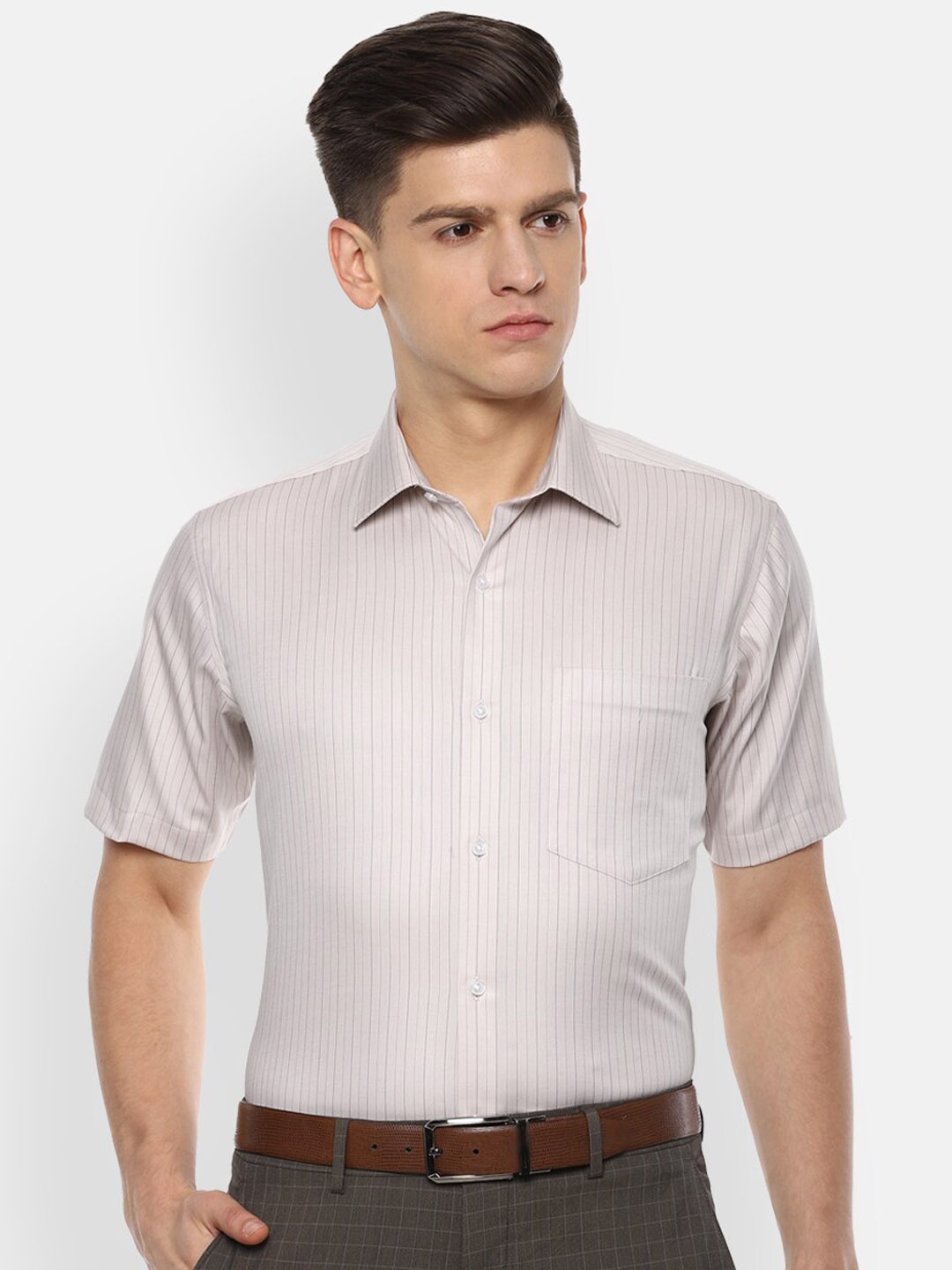 

Van Heusen Men Beige Striped Formal Shirt