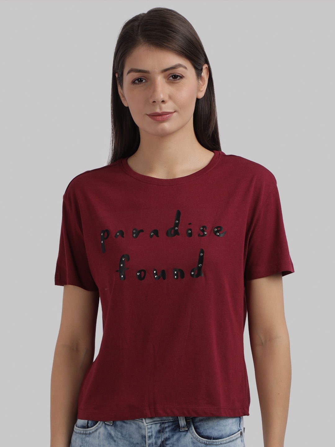 

Parx Women Maroon Typography Checked Drop-Shoulder Sleeves T-shirt