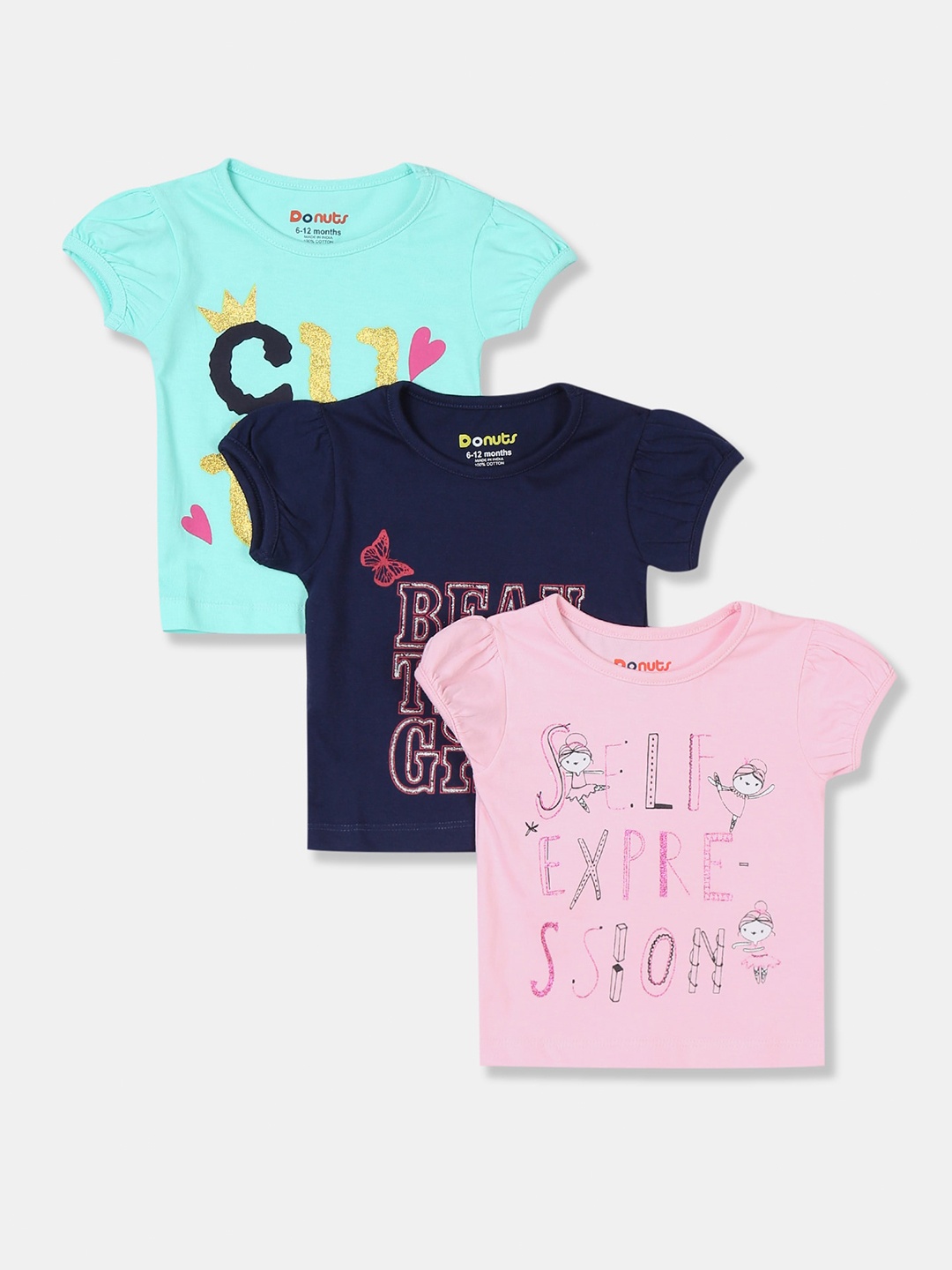 

Donuts Girls Pack of 3 Assorted Typography Printed T-shirt