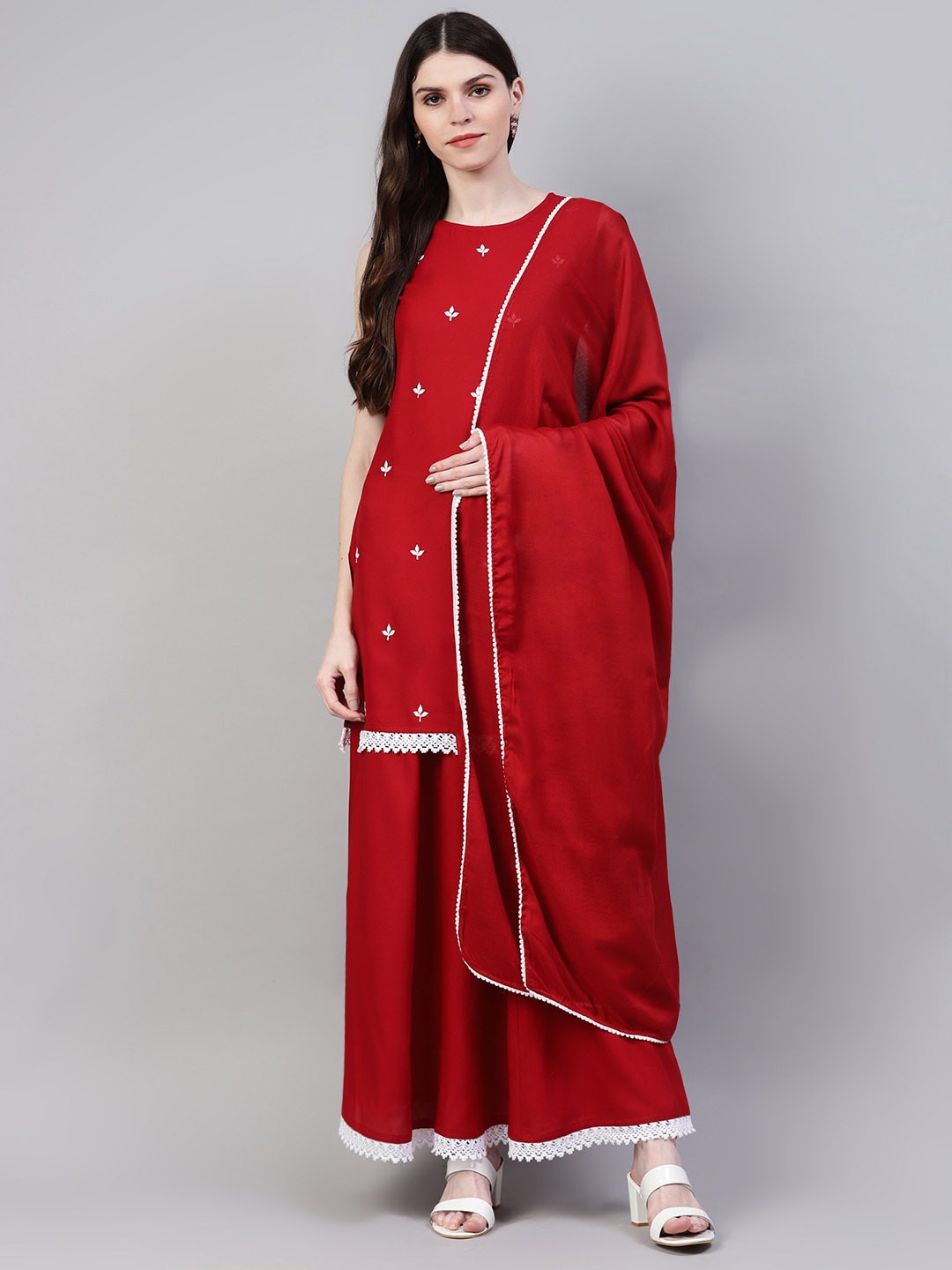 Stylum Women Maroon Ethnic Motifs Printed Kurti with Skirt & With Dupatta