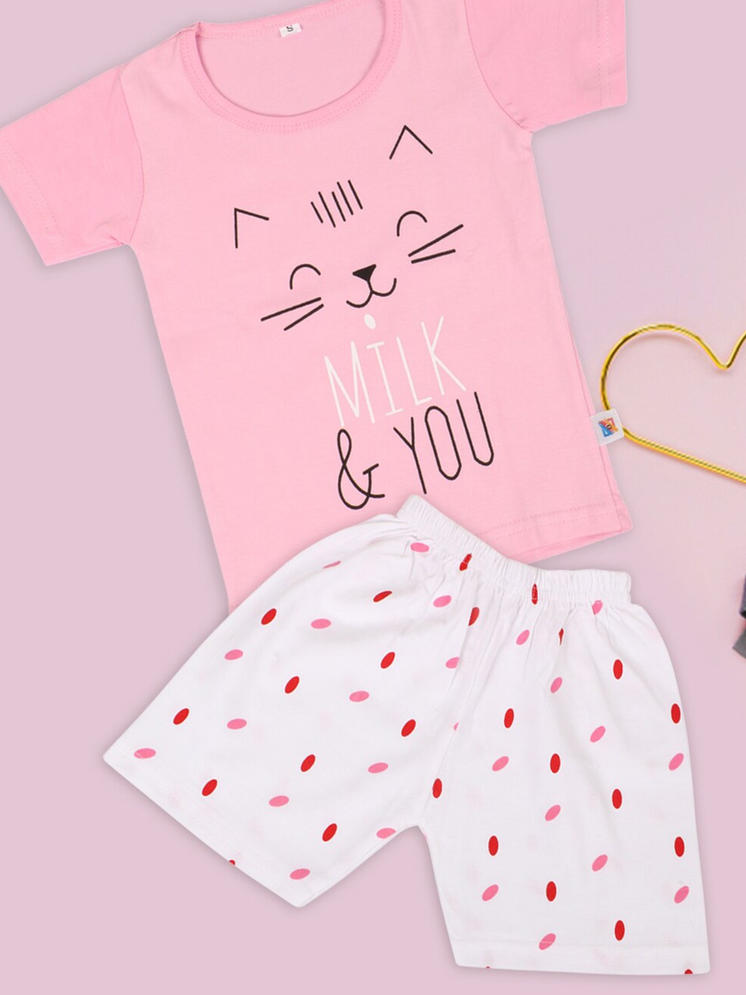 Fashitale Kids Pink & White Pure Cotton Printed Top with Shorts