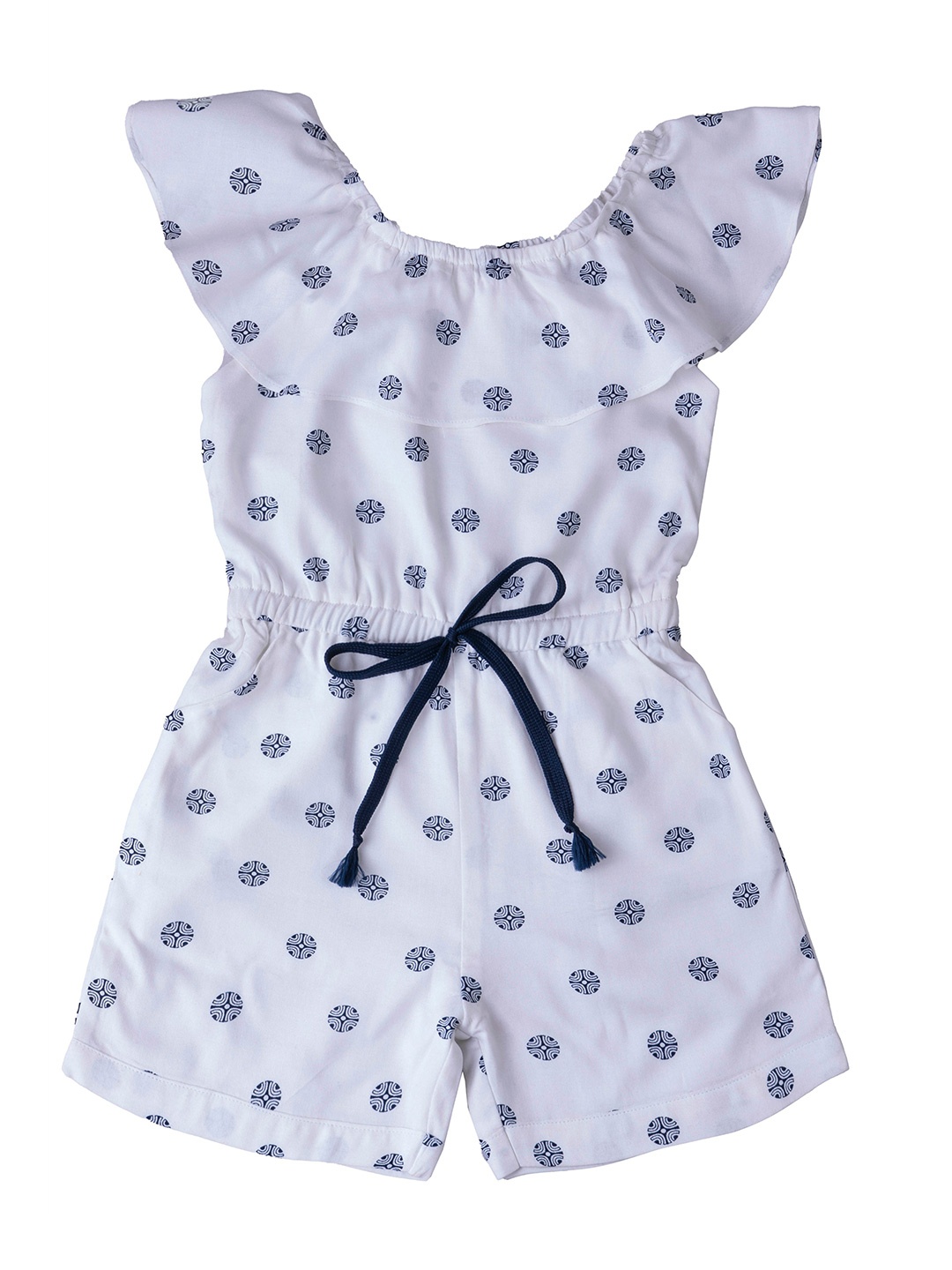 

Hunny Bunny Girls White & Navy Blue Off-Shoulder Printed Cotton Jumpsuit