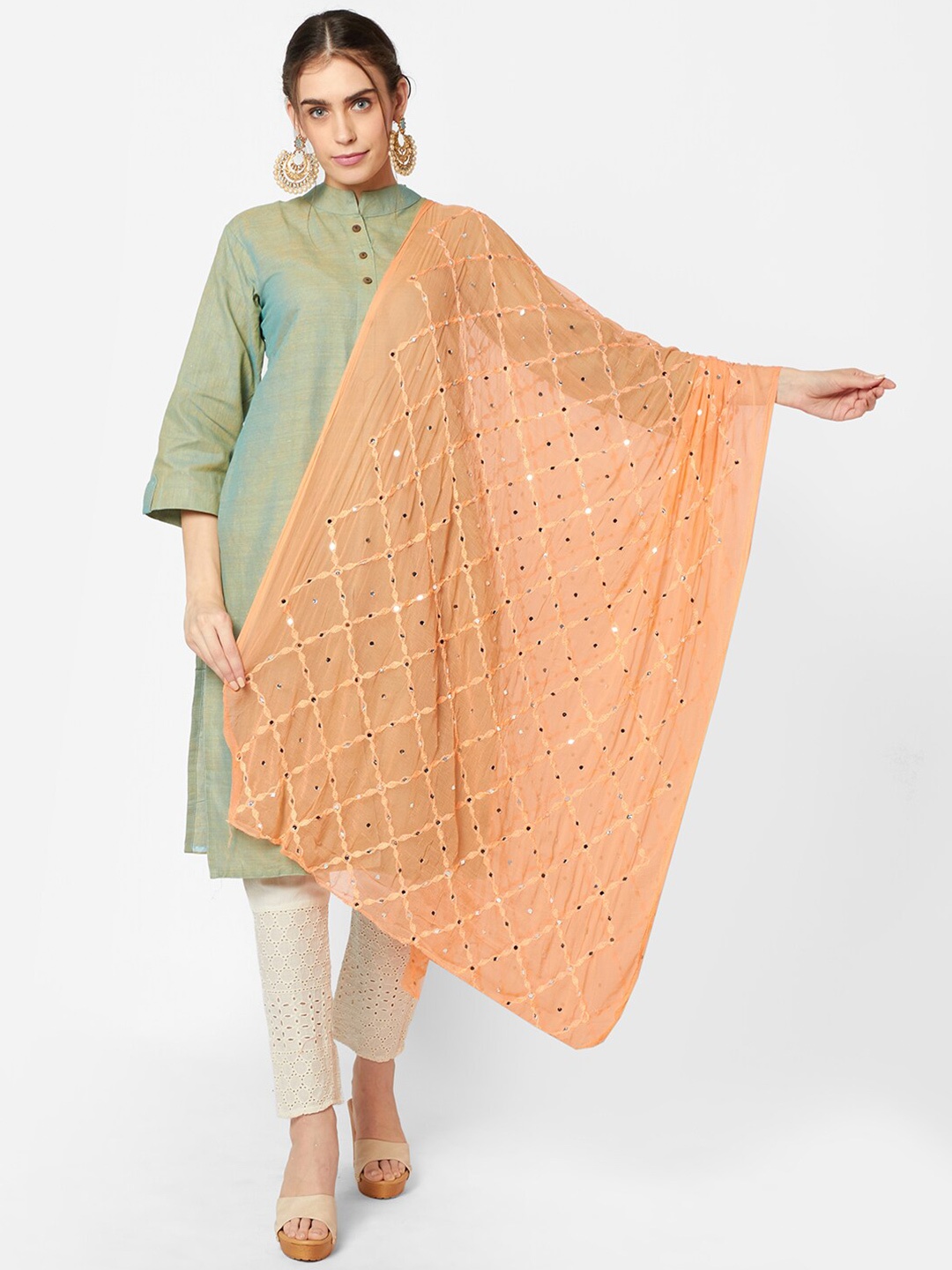 Dupatta Bazaar Peach Ethnic Motifs Embroidered Dupatta with Mirror Work