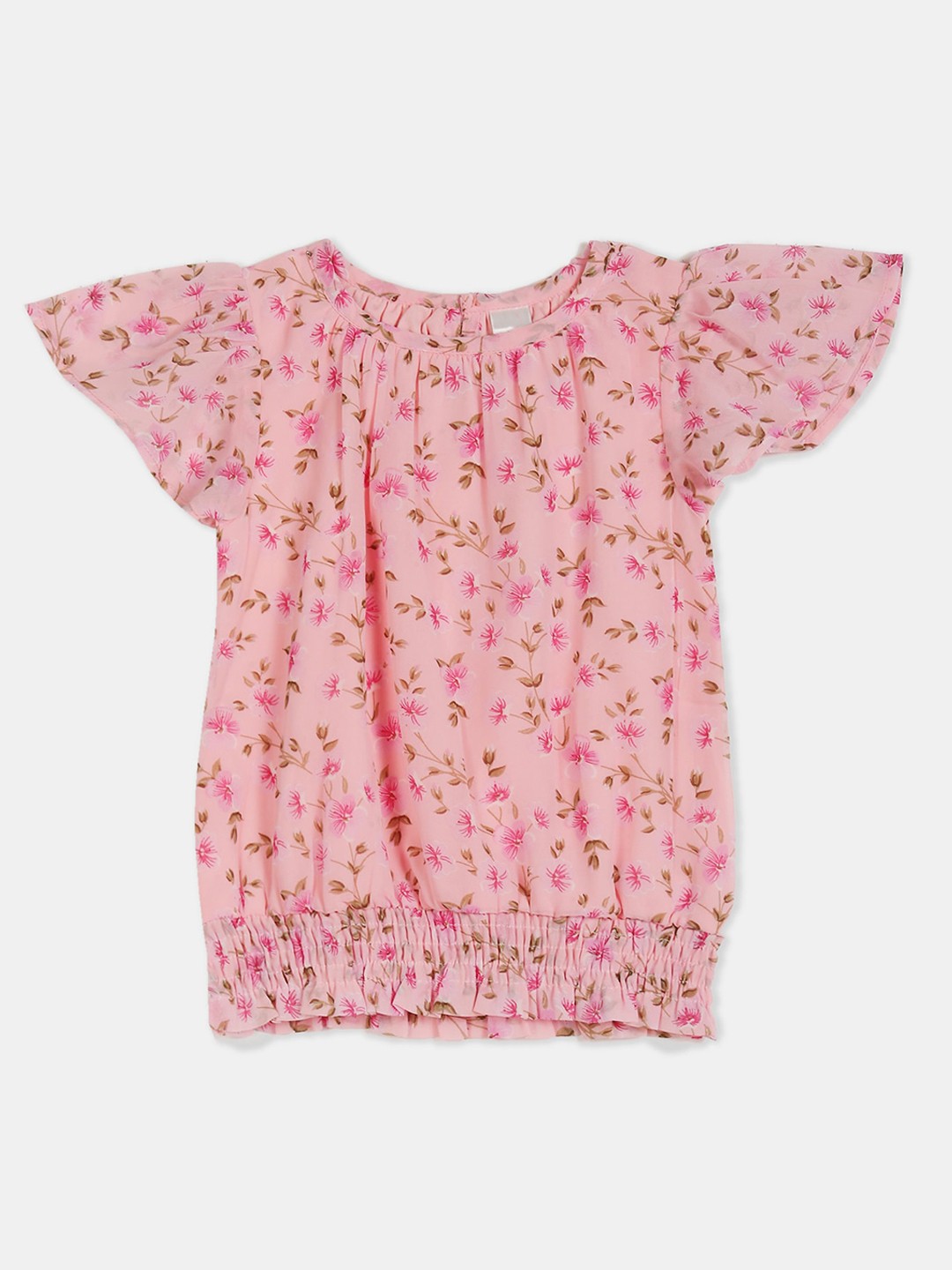 

Cherokee Pink Floral Flutter Sleeve Blouson Top