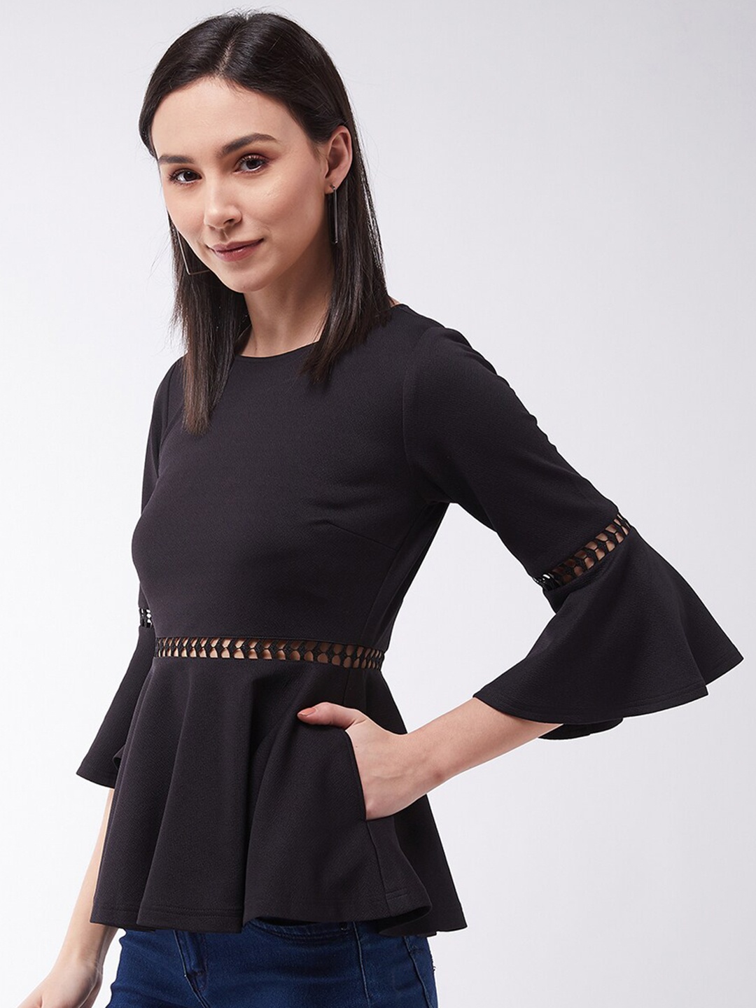 

Miss Chase Black Bell Sleeve Crepe Peplum Top