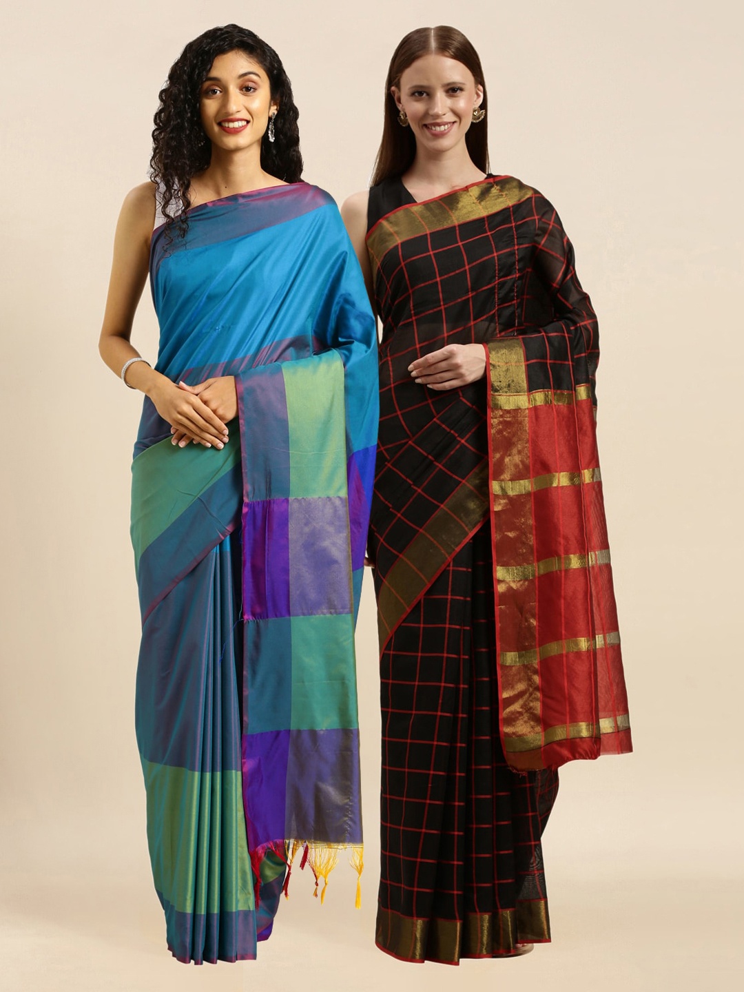 

KALINI Pack of 2 Blue & Black Checked Saree
