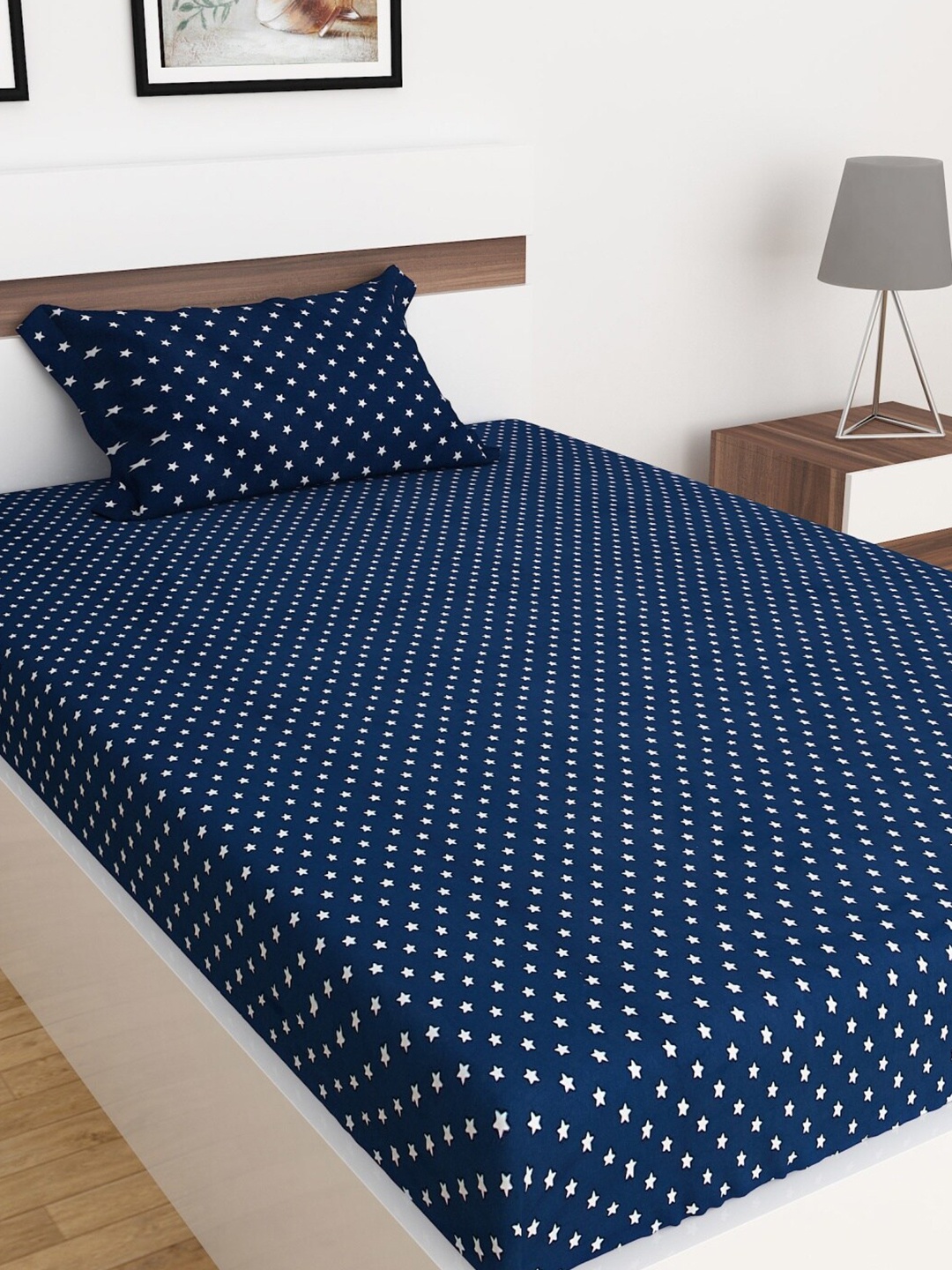

Home Centre Slate Star Print 150 TC Single Bedsheet with 1 Pillow Covers, Navy blue