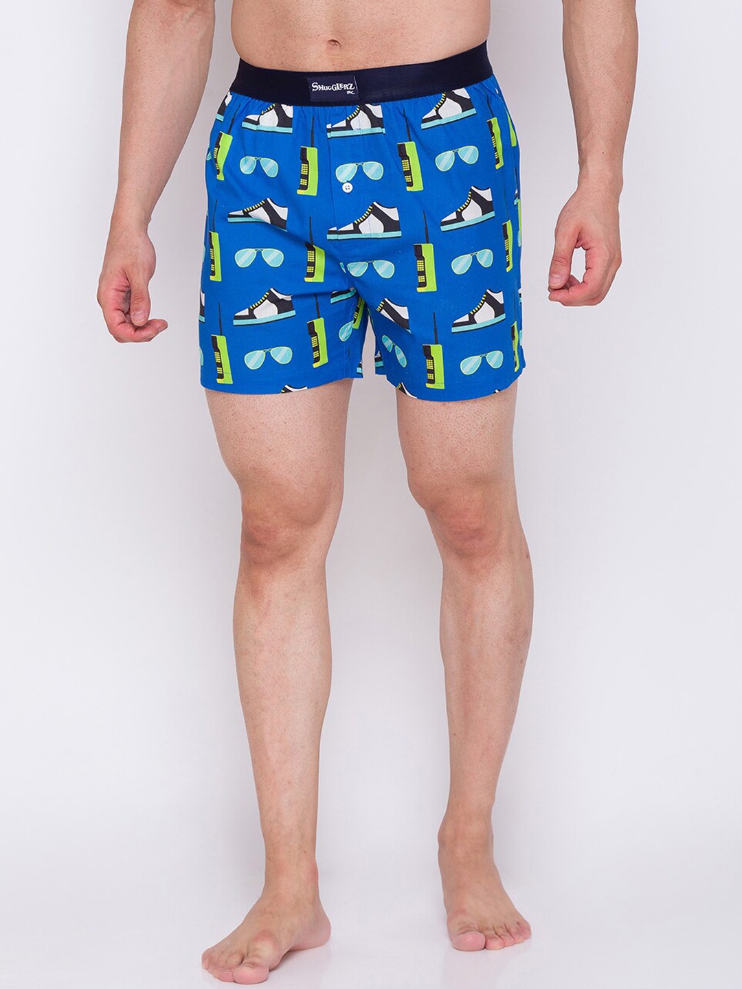 

Smugglerz Men Blue & White Sneakers & Sunglasses Printed Pure Cotton Boxers