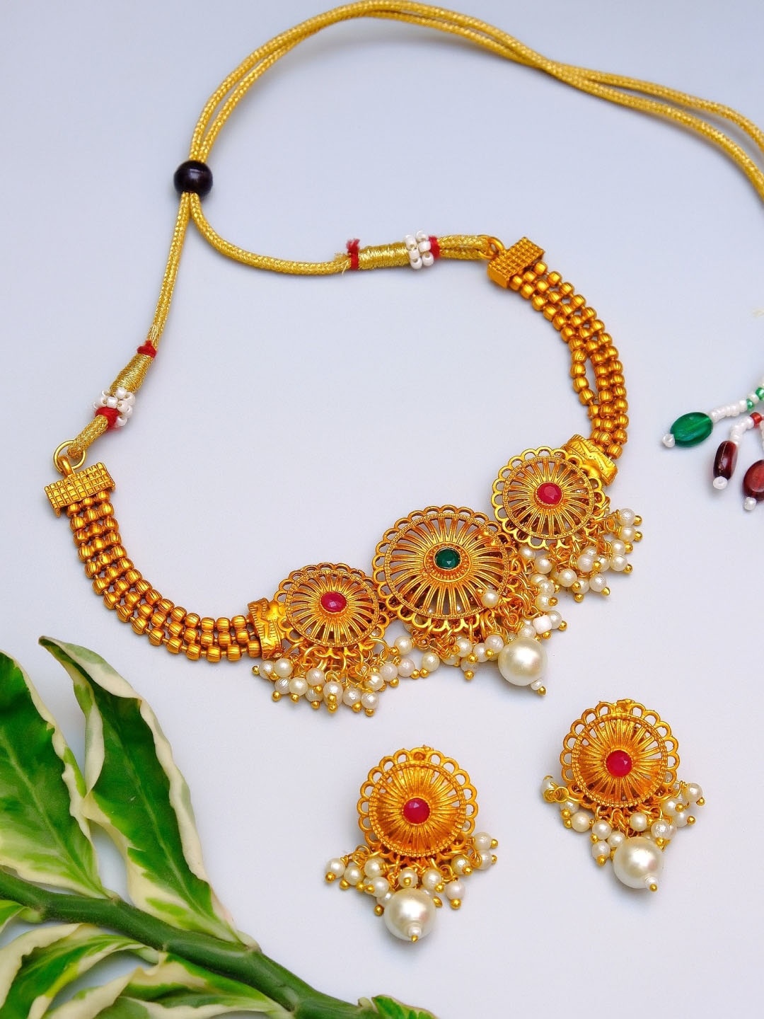 

Crunchy Fashion Gold-Plated White & Magenta Pink Stone-Studded Jewellery Set