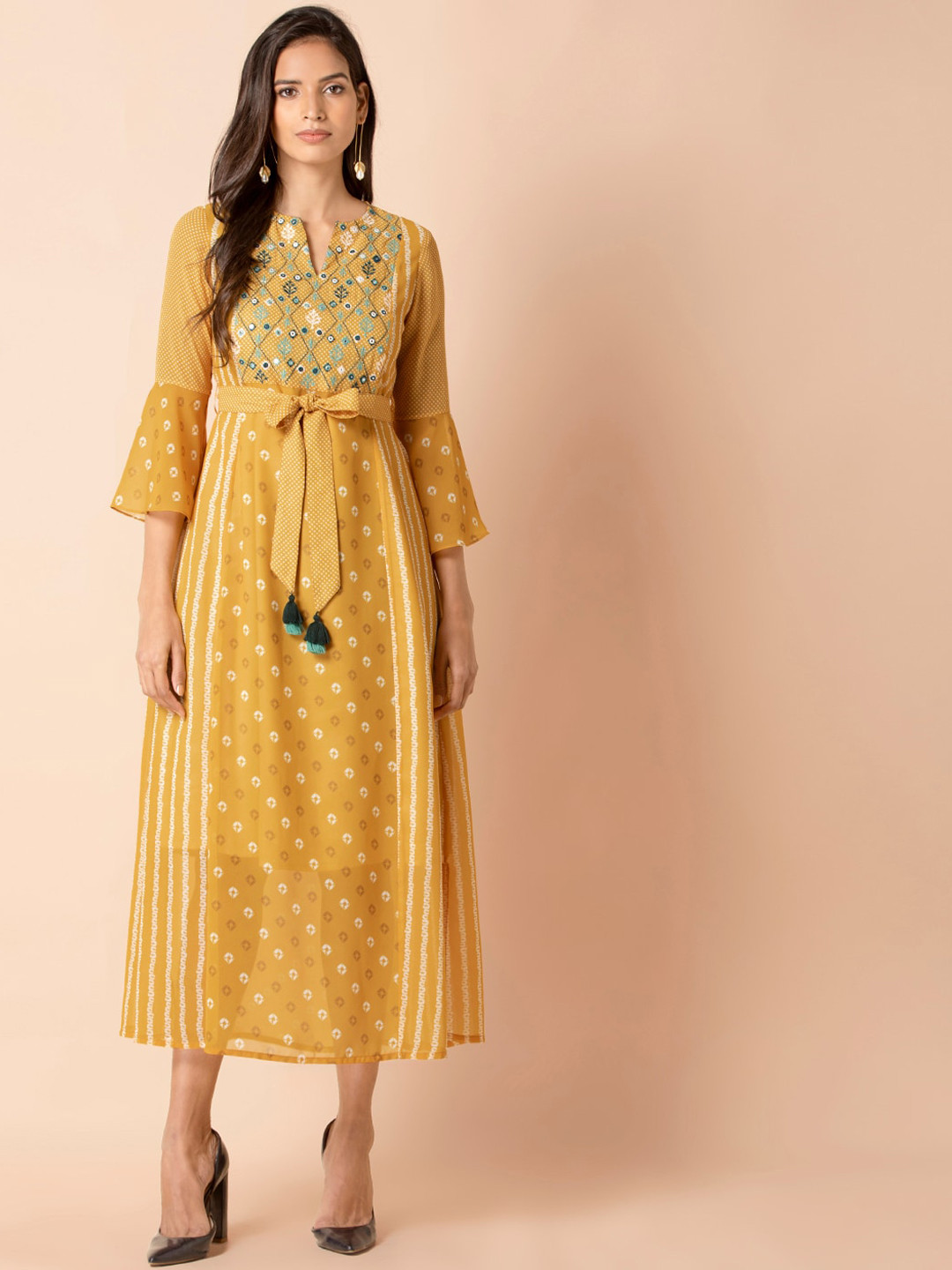 

INDYA Yellow Embroidered Georgette A-Line Midi Dress