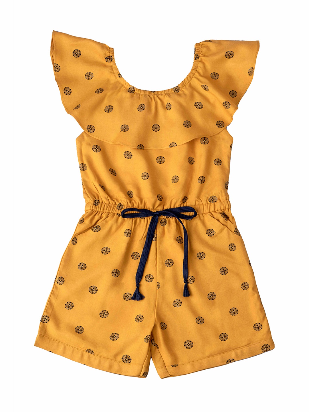 

Hunny Bunny Girls Mustard Yellow & Black Off-Shoulder Printed Jumpsuit