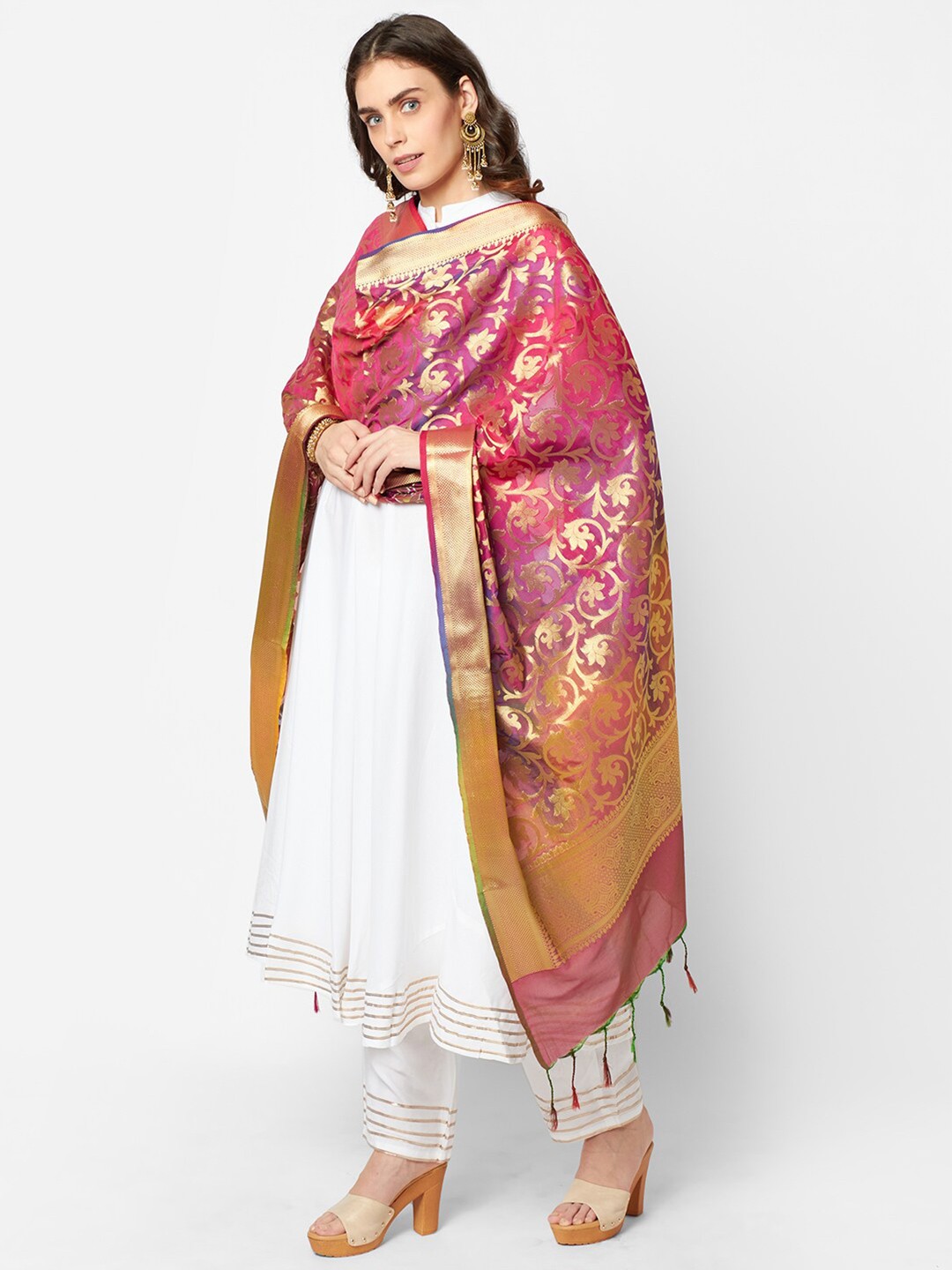 

Dupatta Bazaar Pink & Gold-Toned Woven Design Banarasi Pure Silk Dupatta