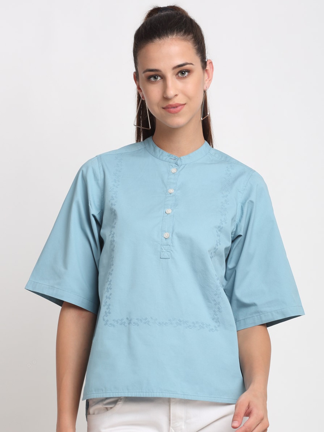

Bhaane Blue Mandarin Collar Regular Top