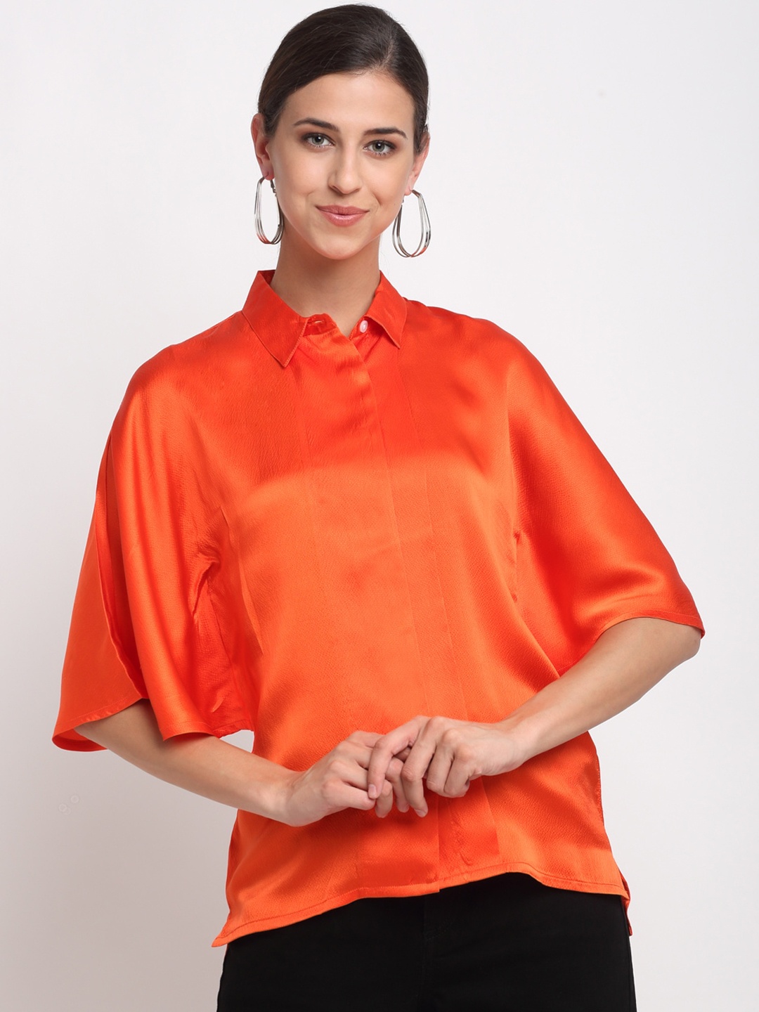 

Bhaane Women Orange Boxy Self Design Casual Shirt