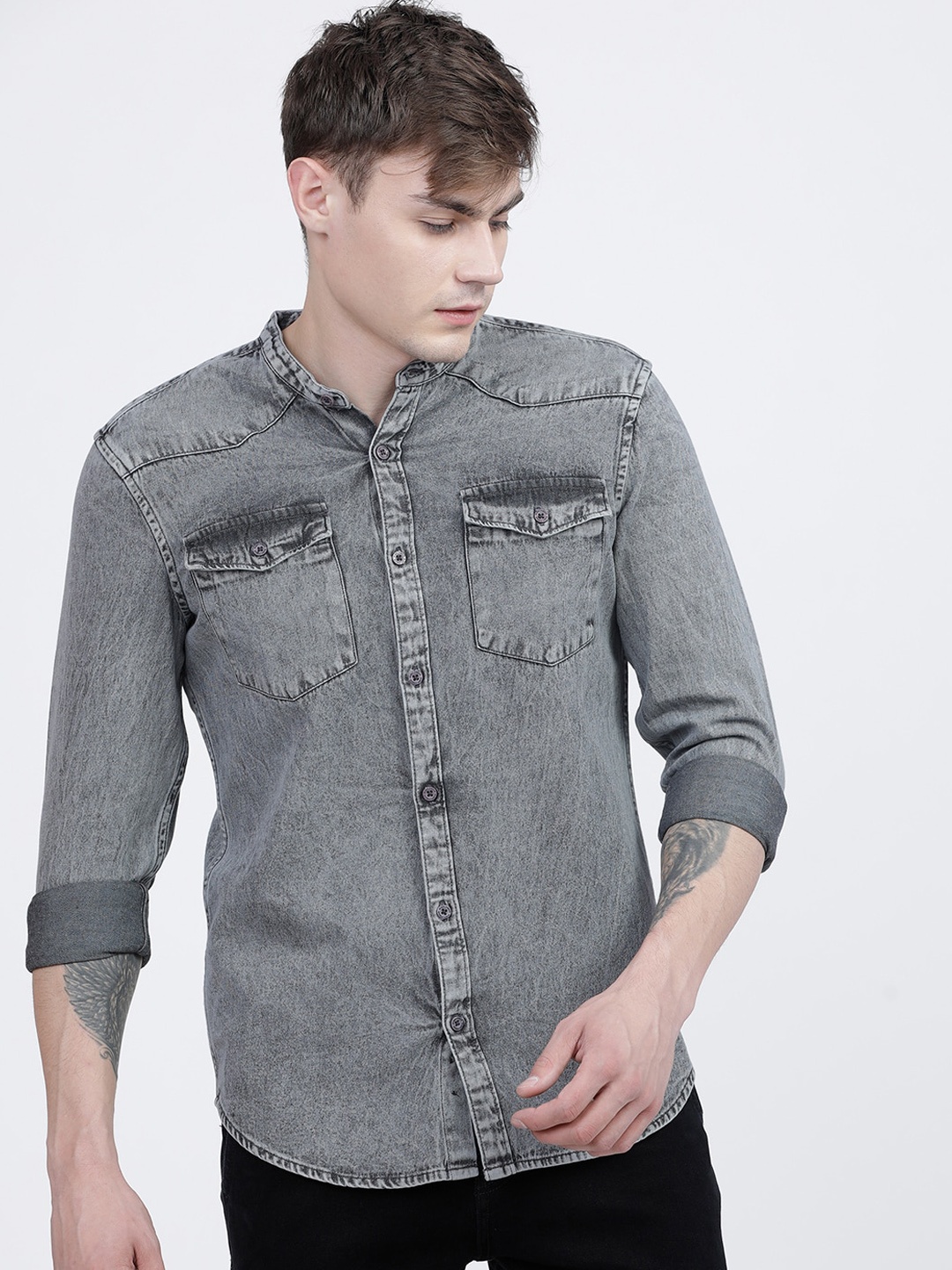 HIGHLANDER Men Grey Slim Fit Faded Denim Casual Shirt