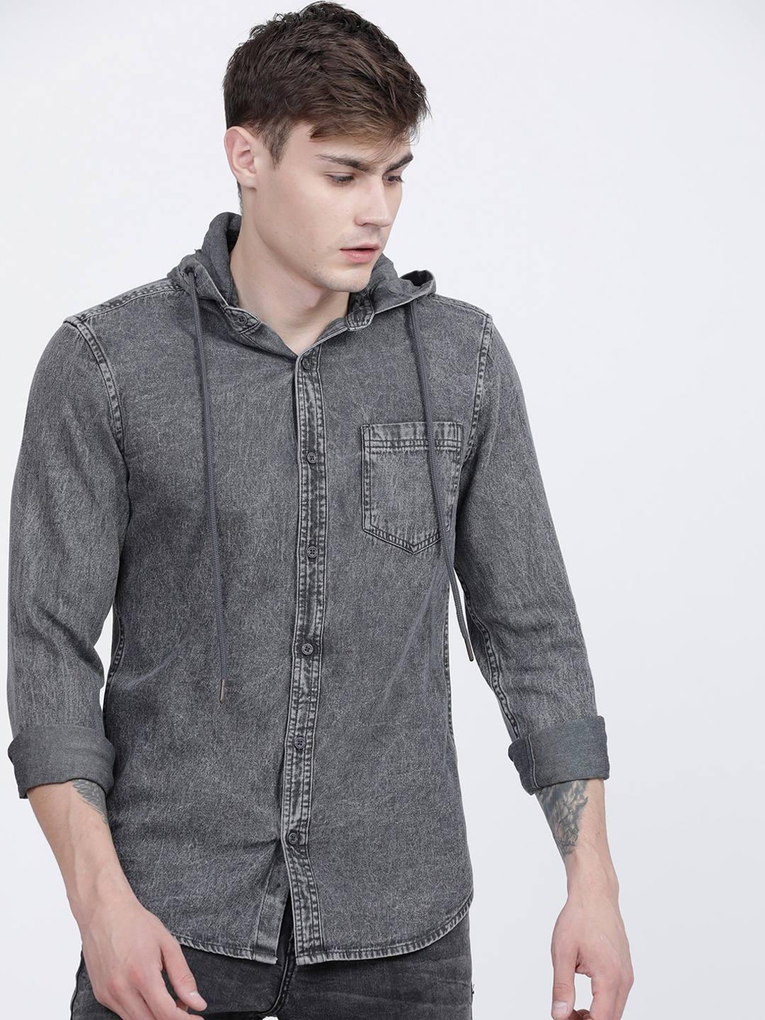 HIGHLANDER Men Grey Slim Fit Faded Hooded Cotton Casual Shirt