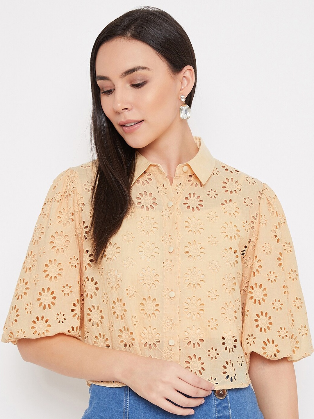 

Madame Beige Shirt Style Crop Top