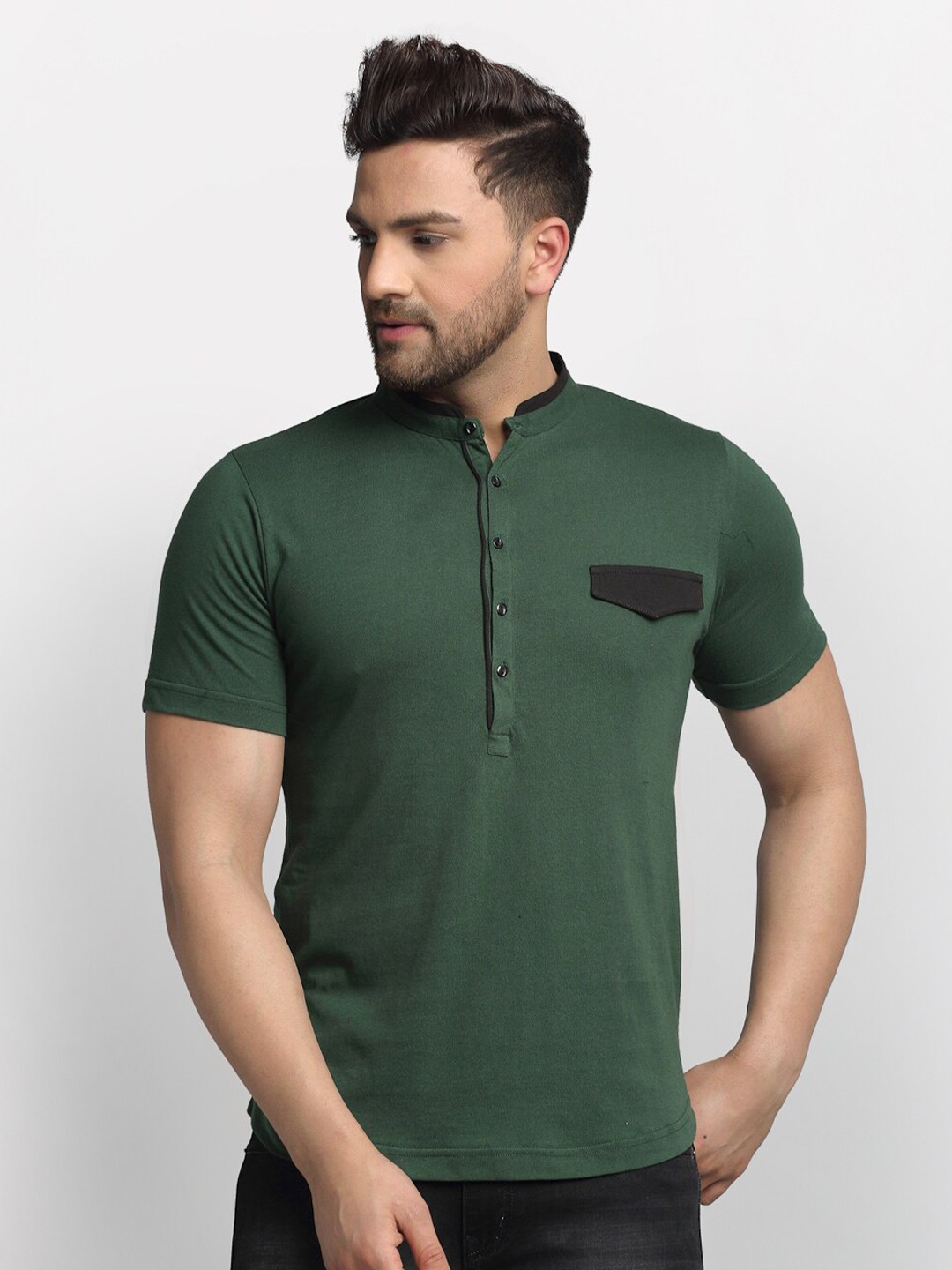 

Rigo Men Green Mandarin Collar Slim Fit T-shirt