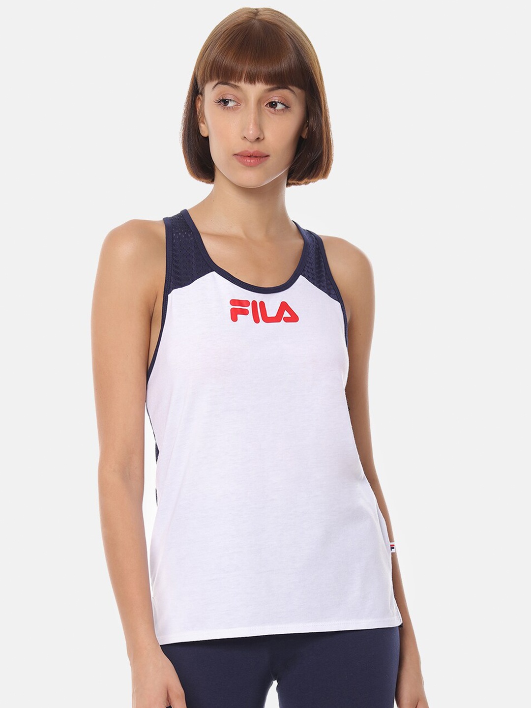 

FILA White & Navy Blue Brand Logo Printed Workout Bra Full Coverage