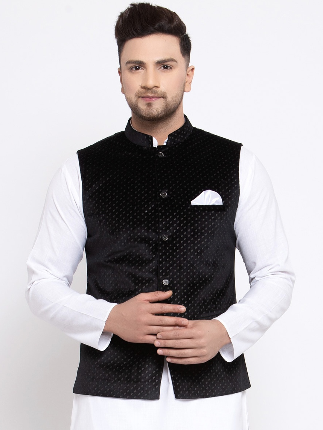 

MAXENCE Men Black Woven-Design Cotton Slim-Fit Nehru Jacket