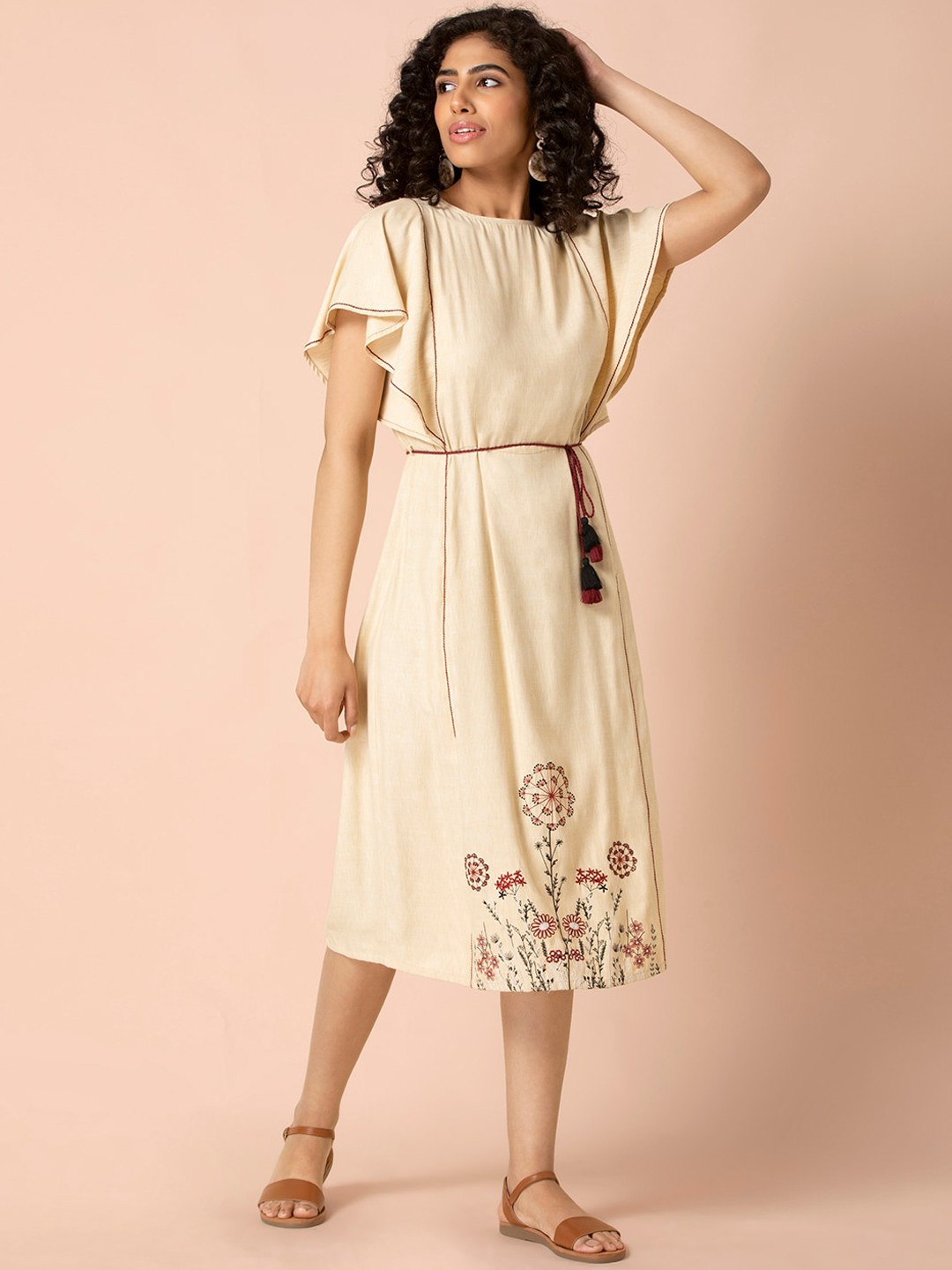 

Earthen BY INDYA Ivory Embroidered Belted Straight Dress, White