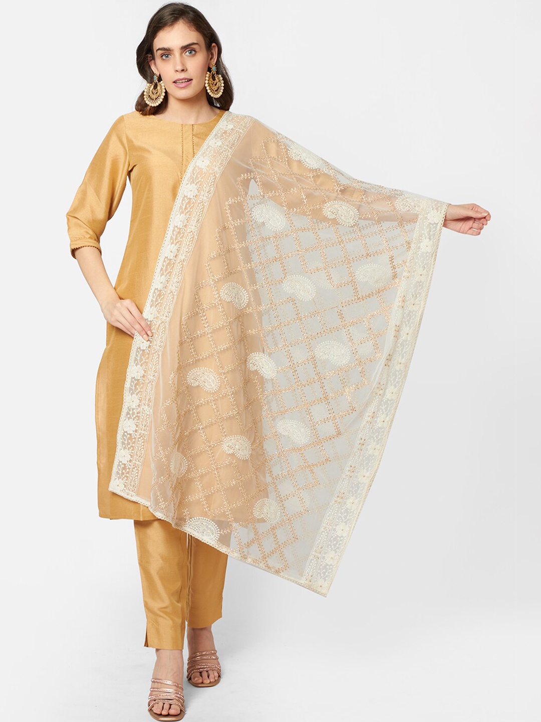 

Dupatta Bazaar Cream & Gold-Toned Lucknowi Net Dupatta with Chikankari