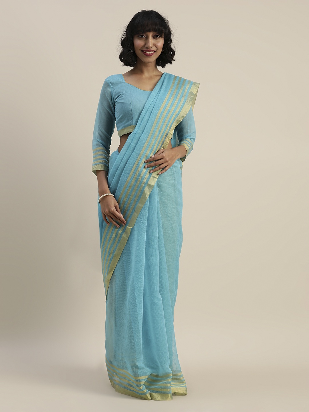 

Florence Turquoise Blue & Gold-Toned Zari Silk Cotton Saree