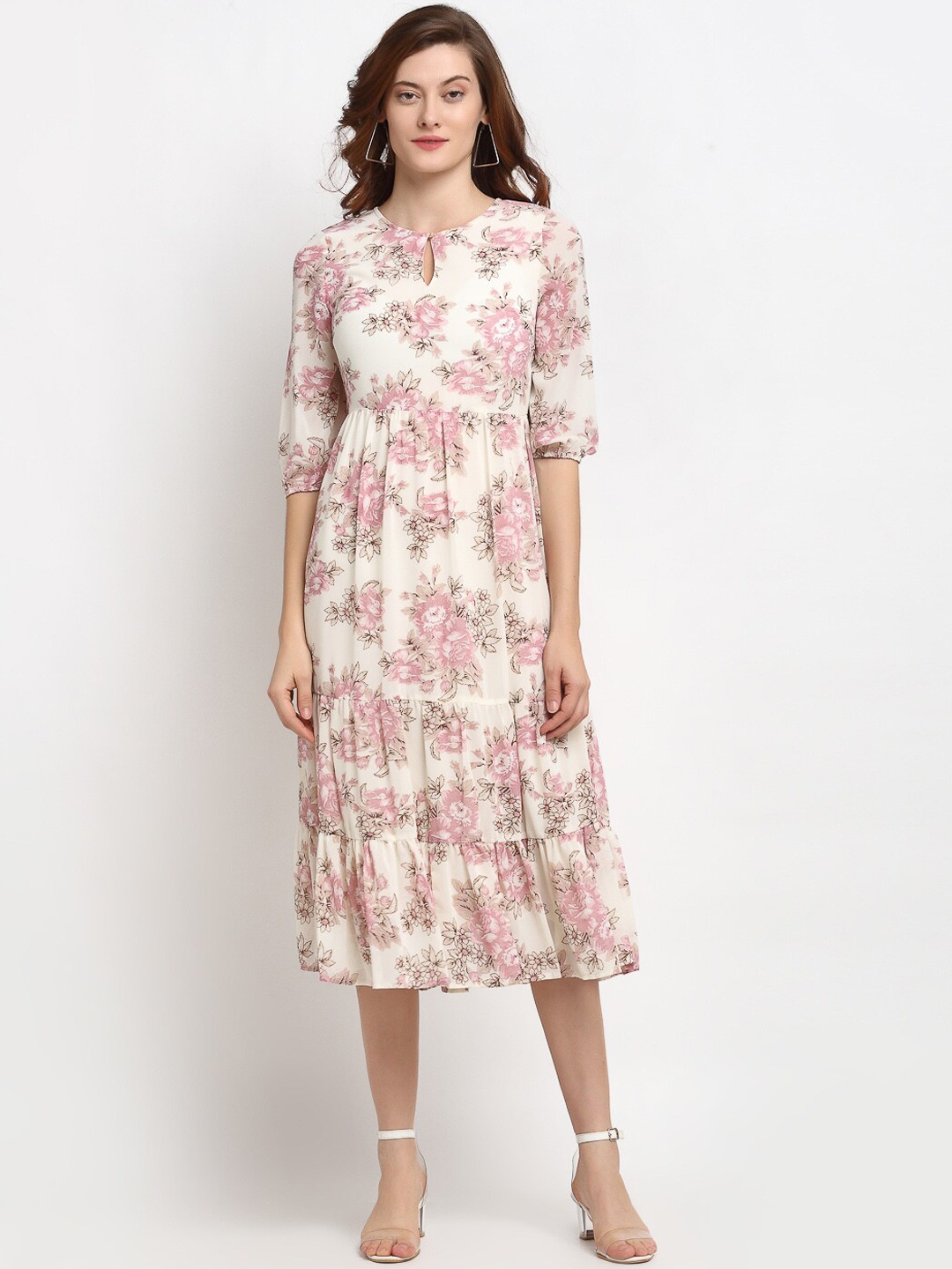 Gipsy White & Pink Floral Keyhole Neck Midi Dress