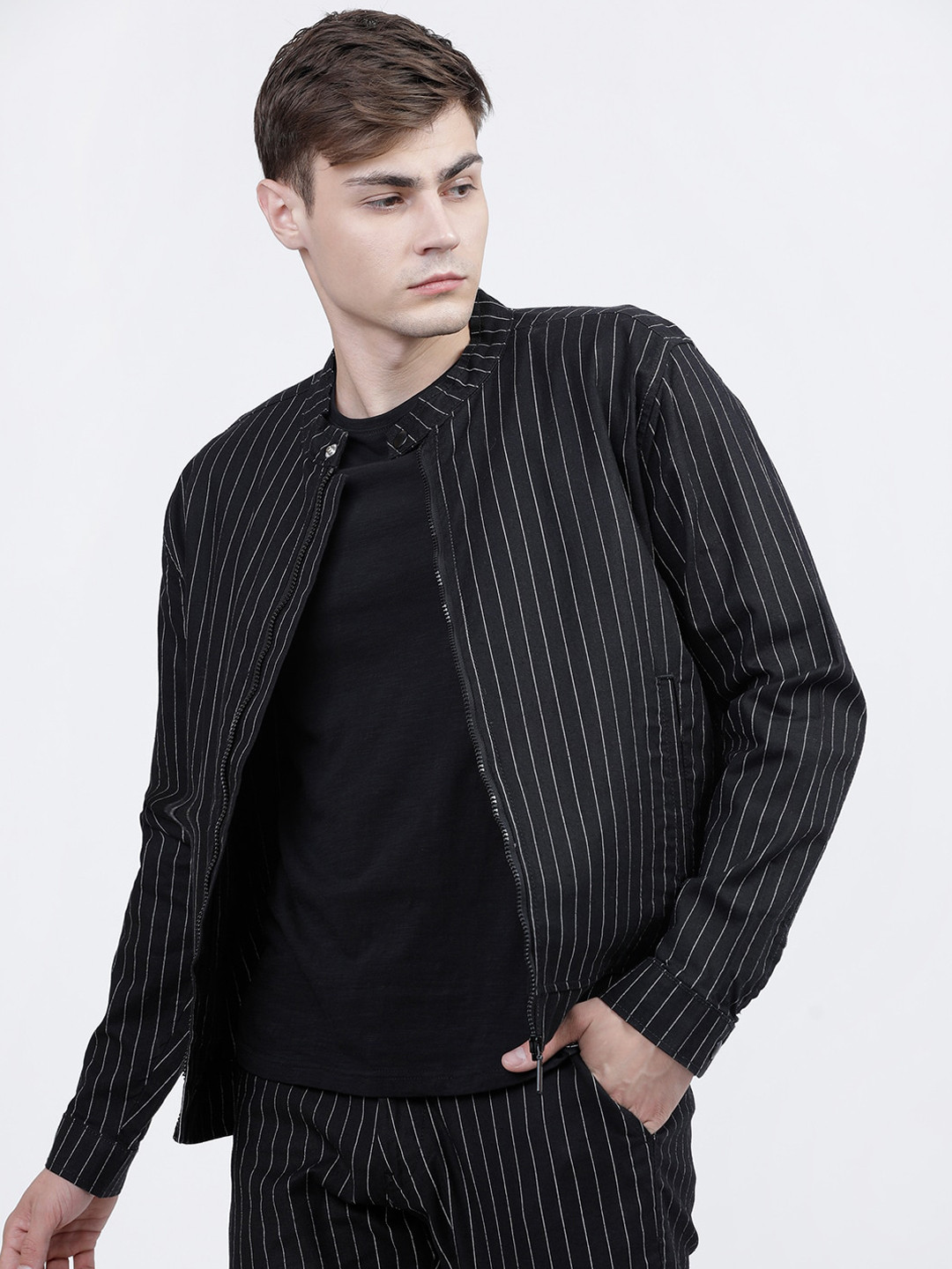 

HIGHLANDER Men Black White Striped Bomber Jacket
