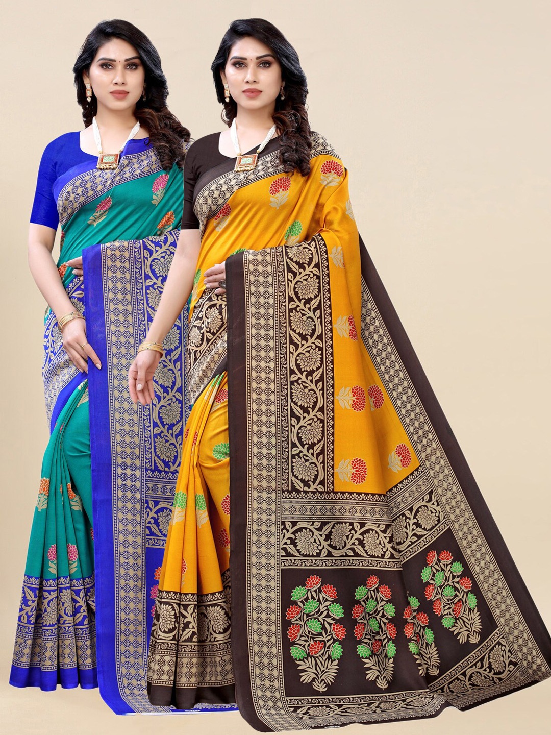 

KALINI Green & Yellow Pack of 2 Floral Art Silk Sarees