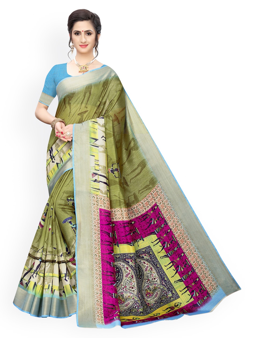 

KALINI Olive & Purple Ethnic Motifs Chanderi Saree