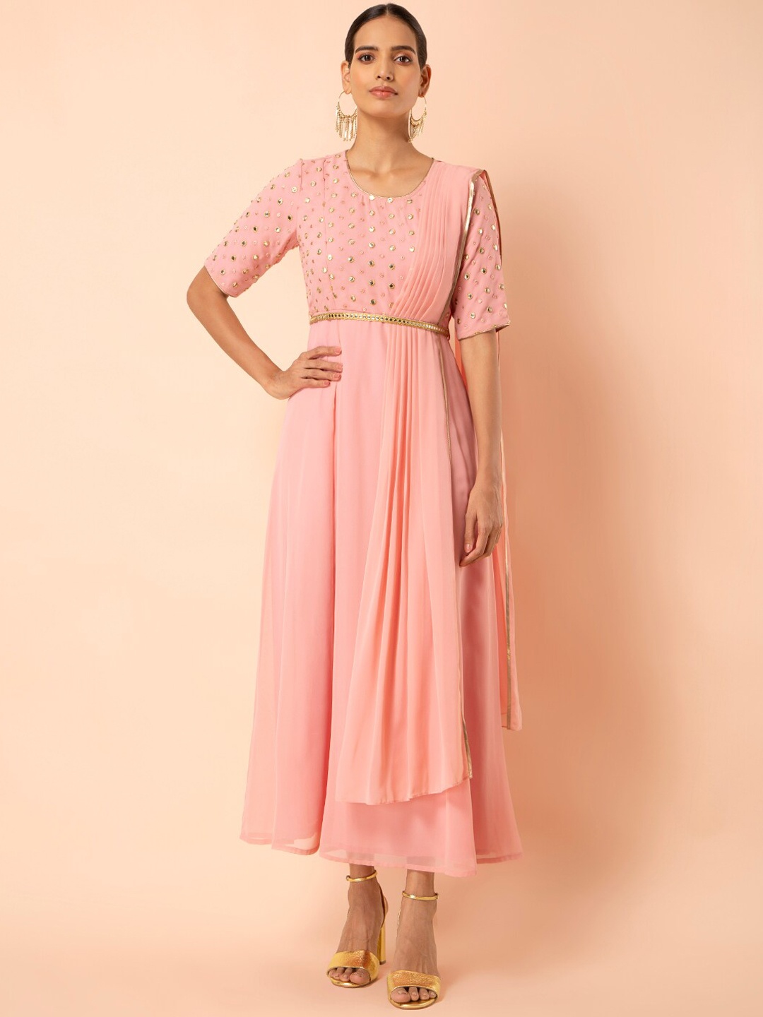 

INDYA Pink Georgette Maxi Tunic with Attached Dupatta
