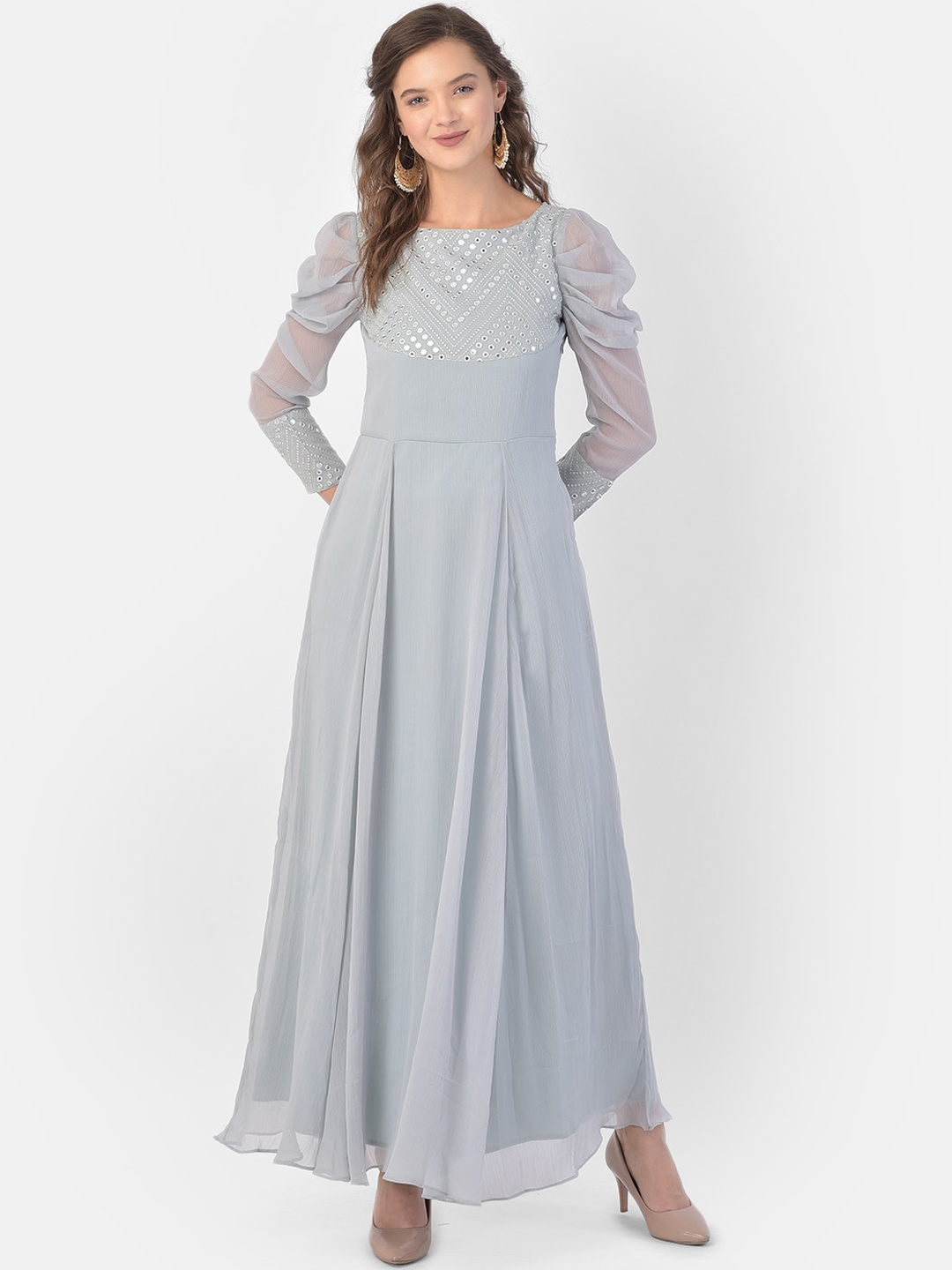 

Ojjasvi Grey Chiffon Embellished Maxi Dress