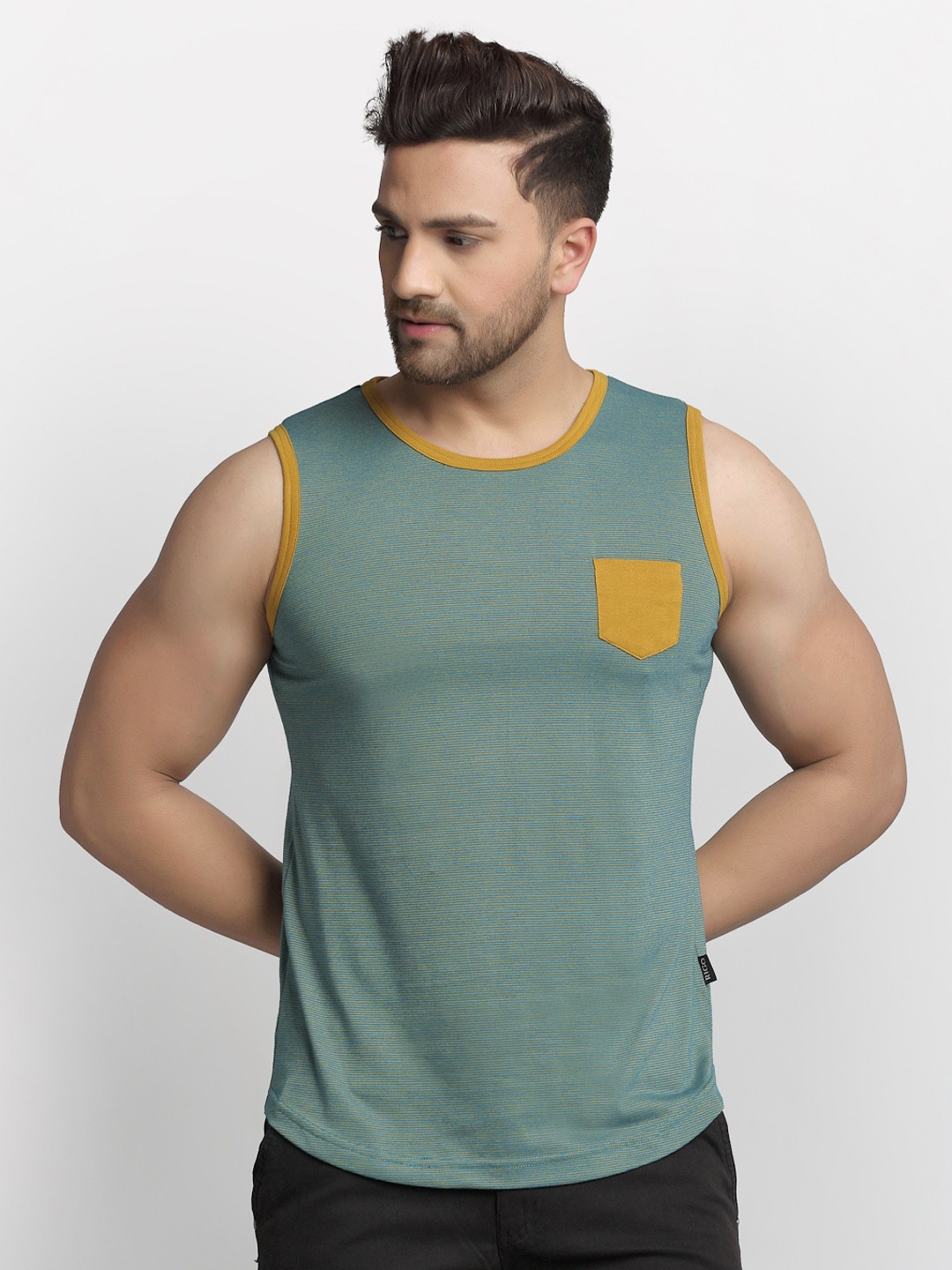 

Rigo Men Green & Yellow Striped Slim Fit Cotton T-shirt
