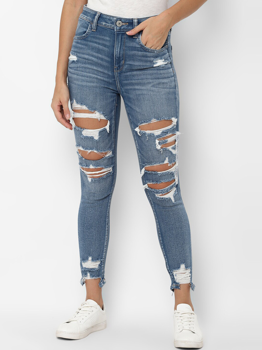 

AMERICAN EAGLE OUTFITTERS Women Blue Skinny Fit Highly Distressed Heavy Fade Jeans